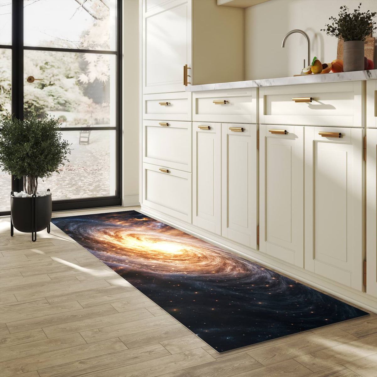 Formstabiler rutschfester Küchenteppich mit Motiv Galaxie Nachthimmel in heller Küche