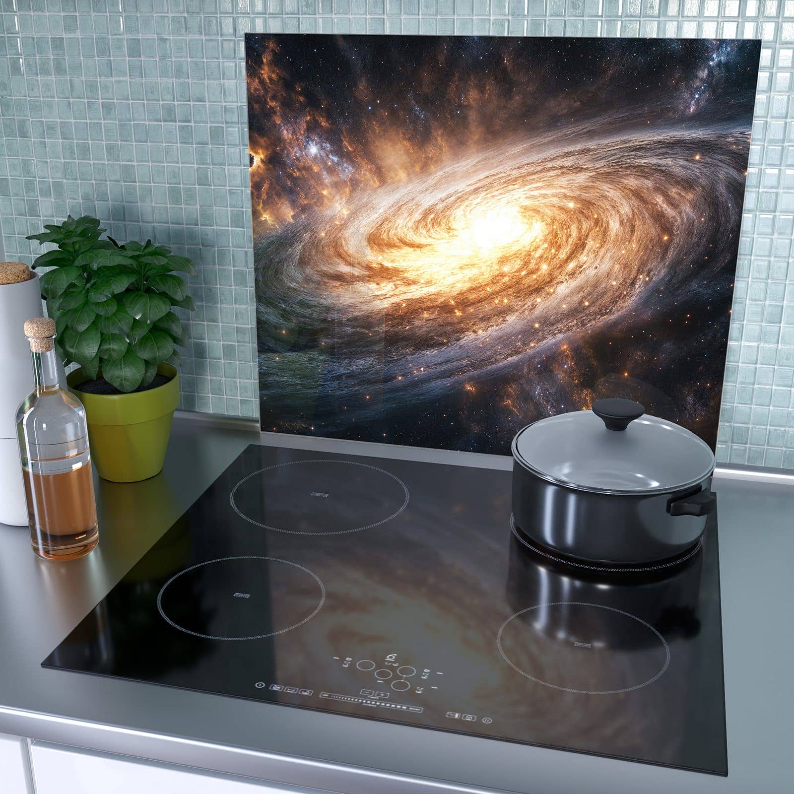 1-teilige Glasplatte für Herd mit Galaxie Nachthimmel-Motiv als Spritzschutz hinter dem Kochfeld