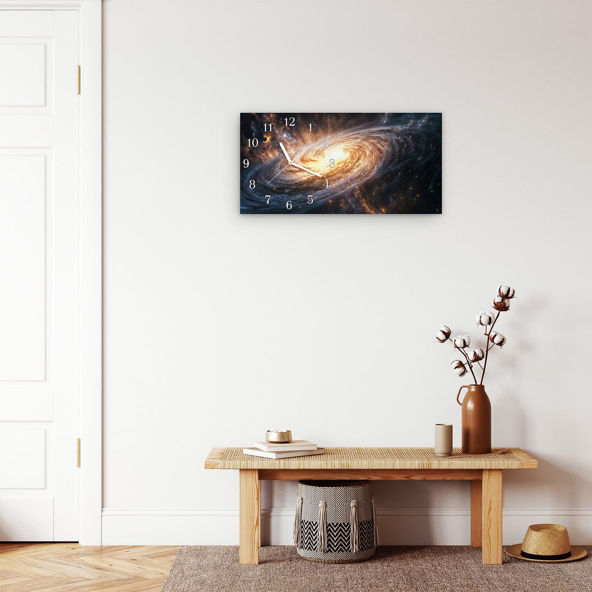 Moderne Wanduhr aus Glas mit Farbtiefe – Wanduhr Galaxie Nachthimmel aus Glas – Querformat 60 × 30 cm