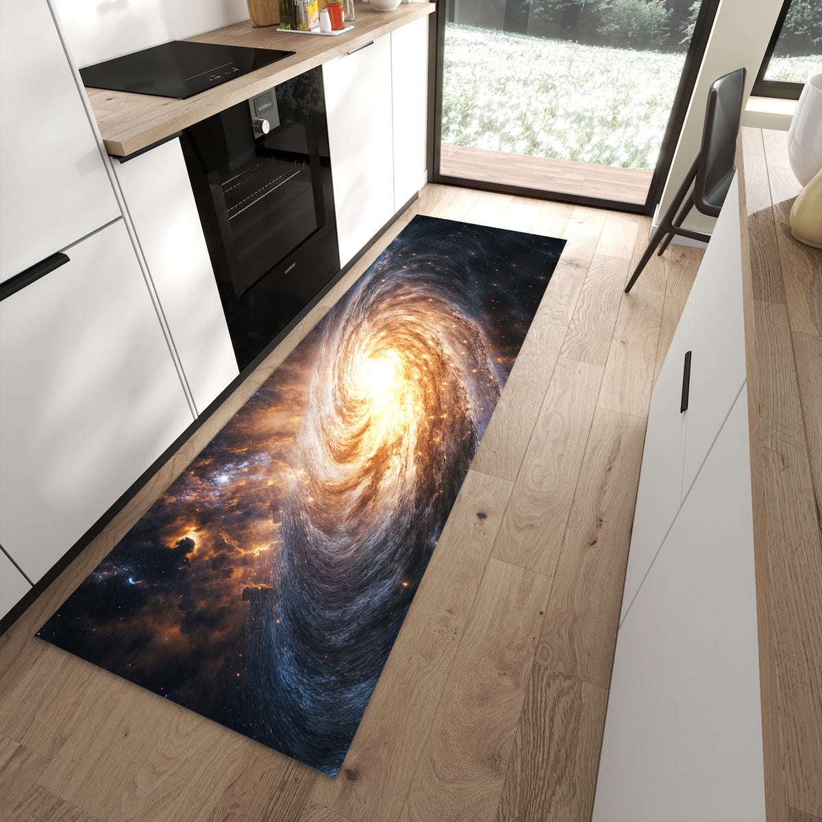 Rutschfester waschbarer Küchenläufer mit Motiv Galaxie Nachthimmel in moderner Küche