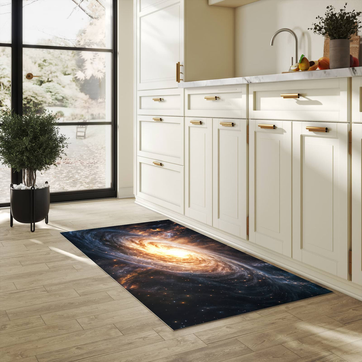 Zeitsparender Küchenteppich mit Motiv Galaxie Nachthimmel in heller Küche - leicht waschbar