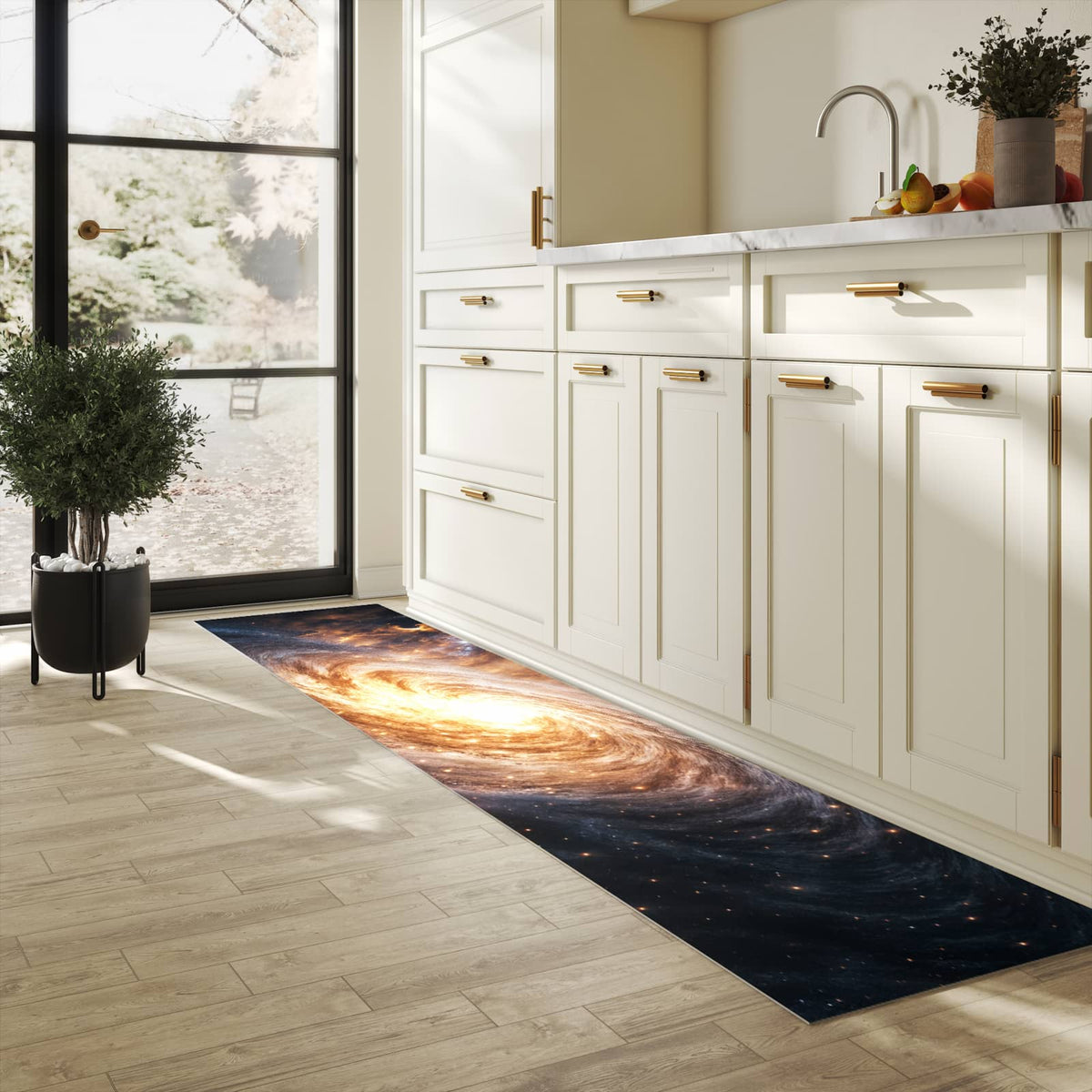 Bodenschonender Bodenläufer-Teppich mit Motiv Galaxie Nachthimmel in heller Küche