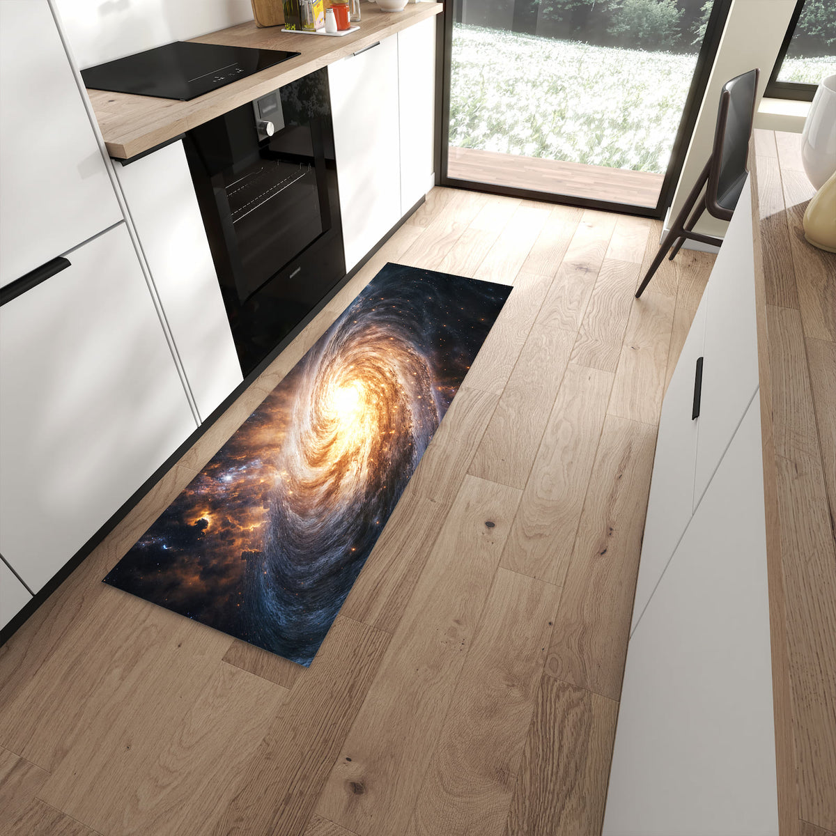 Pflegeleichter Küchenläufer mit Motiv Galaxie Nachthimmel in moderner Küche