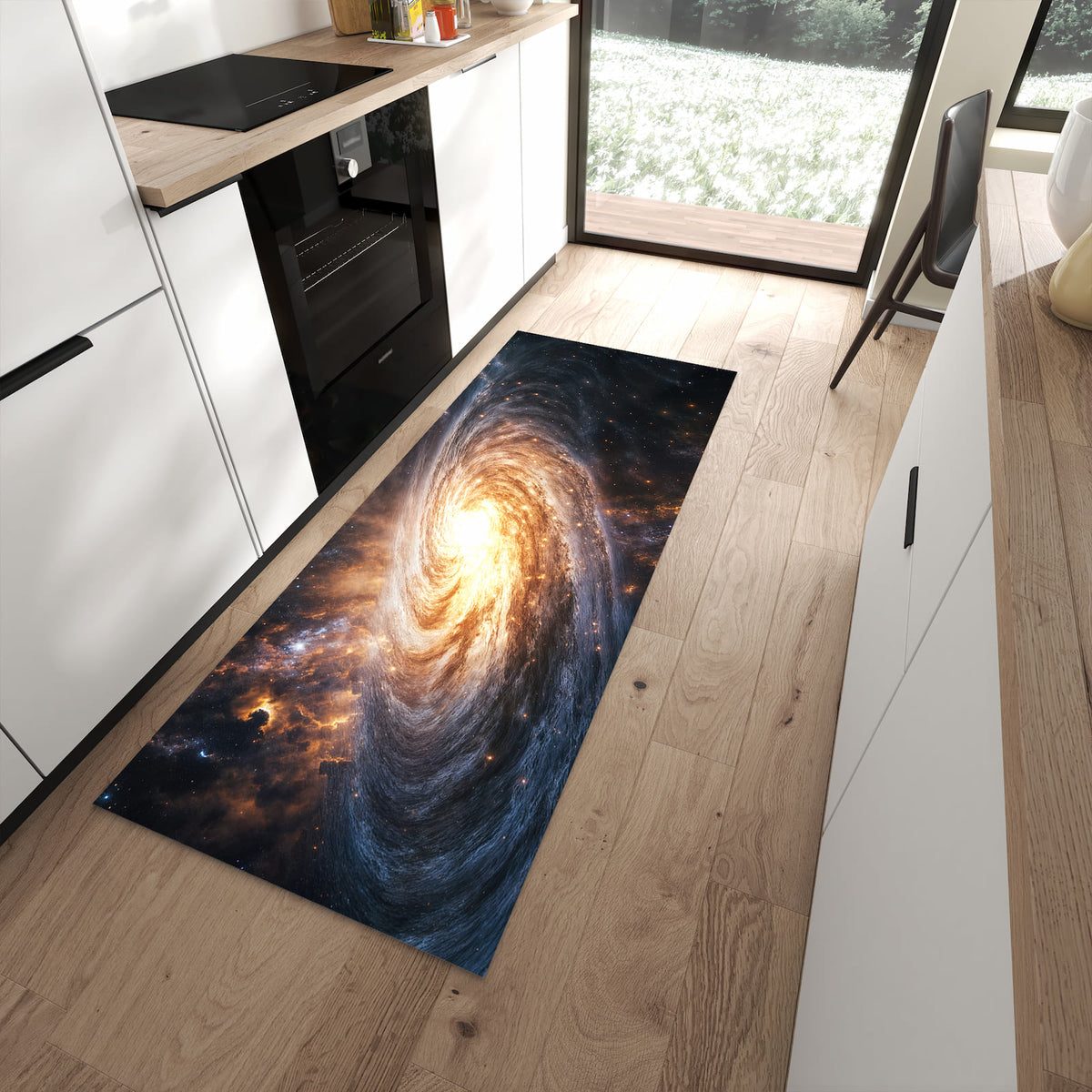 Langlebiger Küchenläufer mit Motiv Galaxie Nachthimmel in moderner Küche