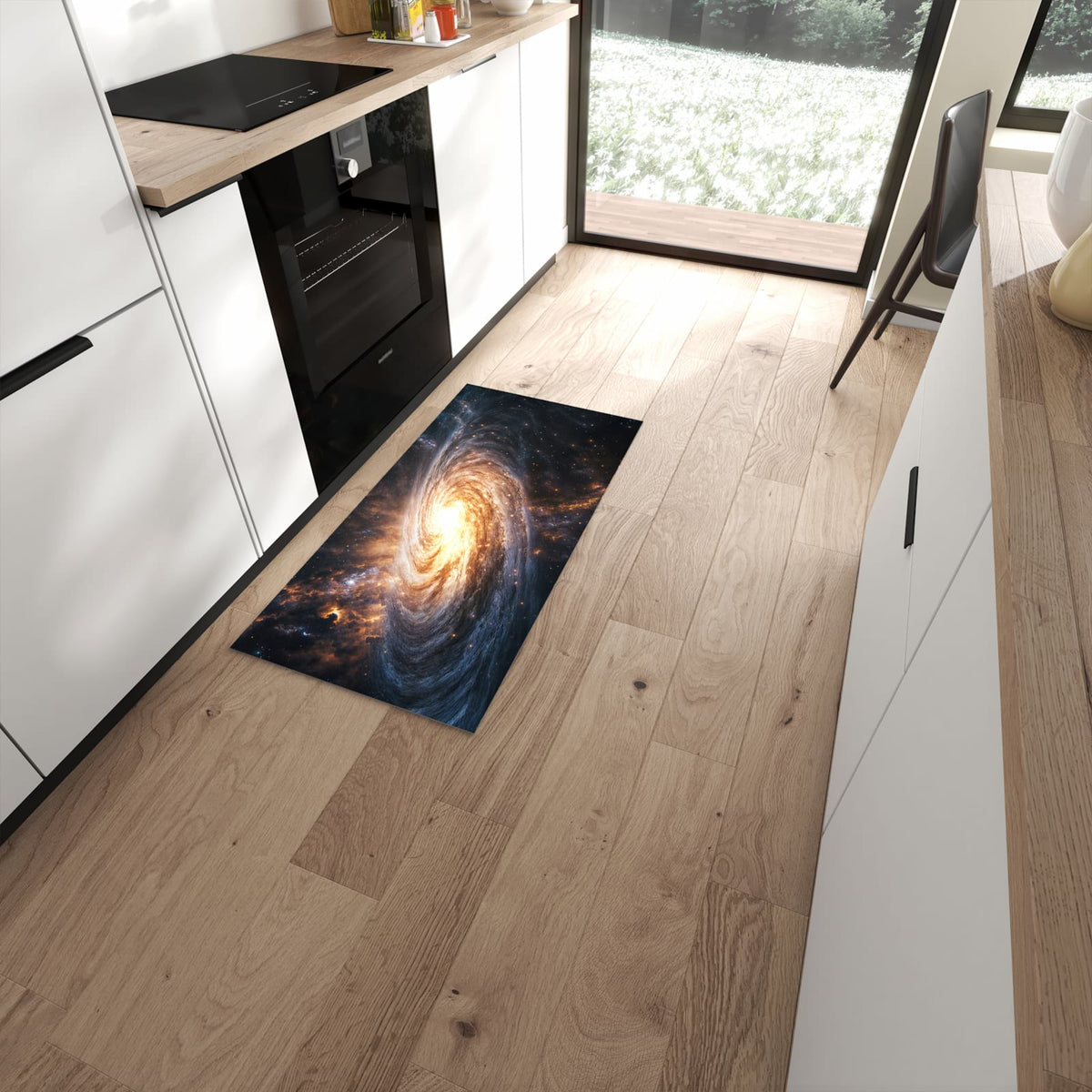 Komfortabler Küchenläufer mit Motiv Galaxie Nachthimmel in moderner Küche #grösse_60 x 120 cm