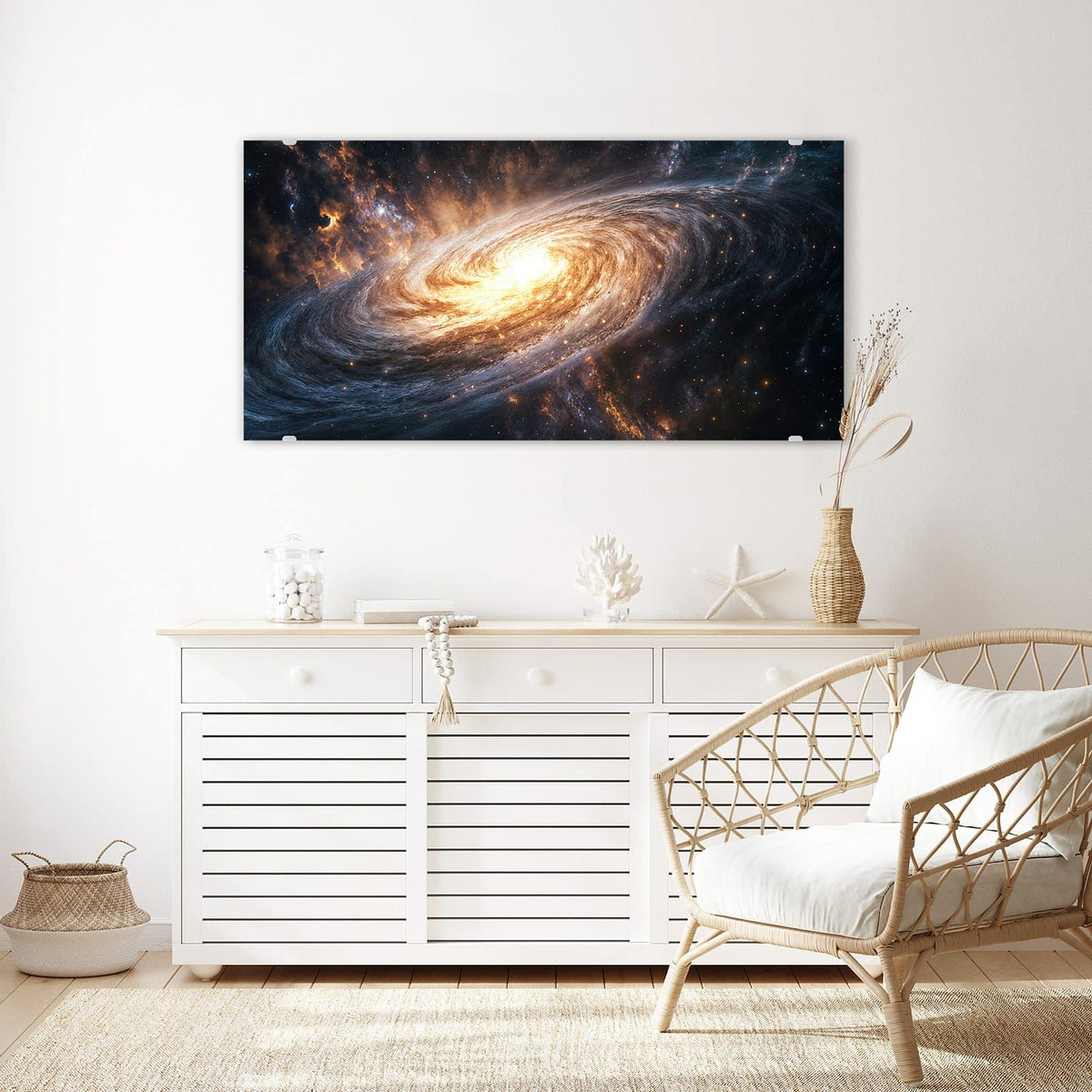 Echtglas, 4 mm – kein Acryl, keine Folie – Wandbild - Goldene Spiralgalaxie - Querformat