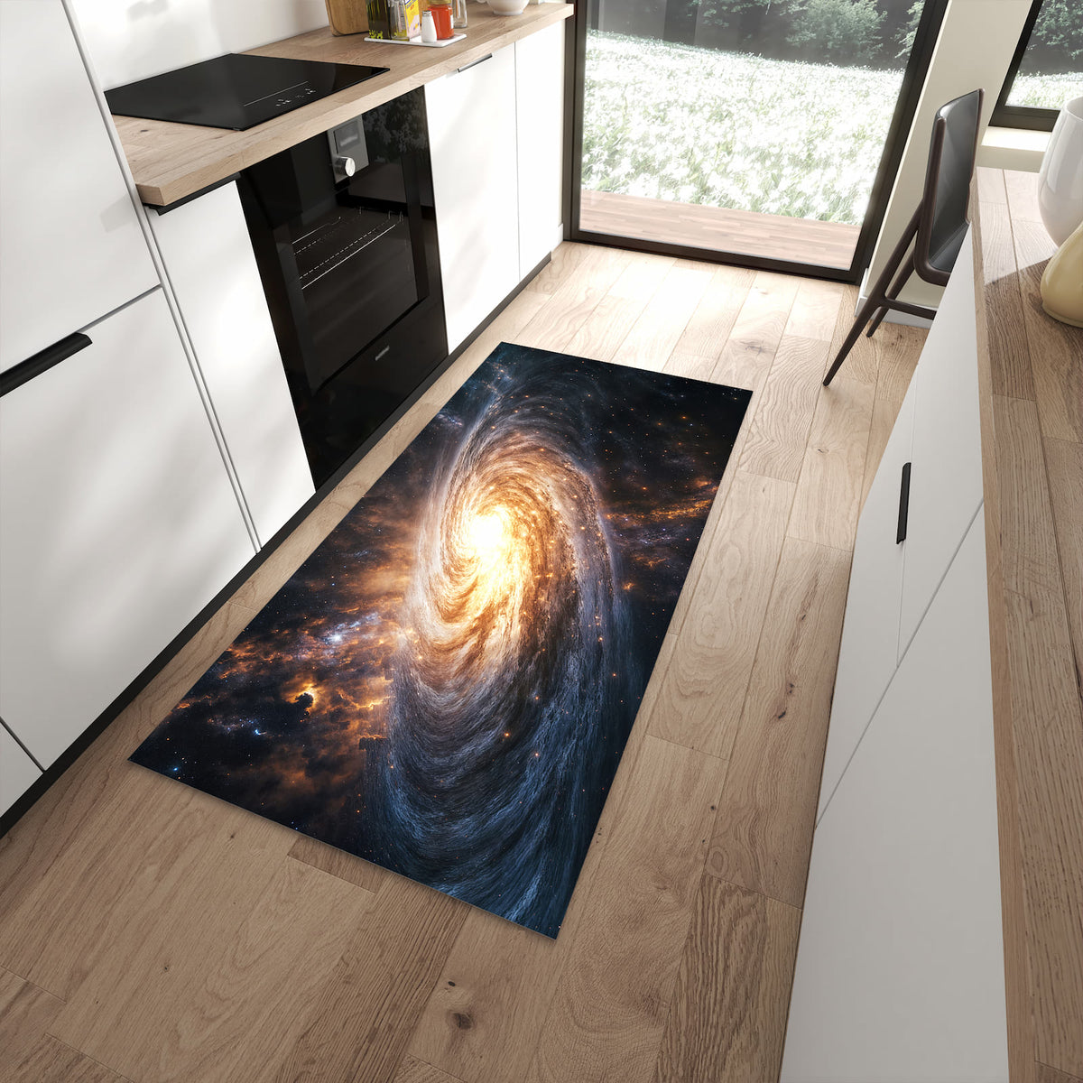 Küchenläufer mit Motiv Galaxie Nachthimmel für Ordnung im Eingangsbereich moderner Küche