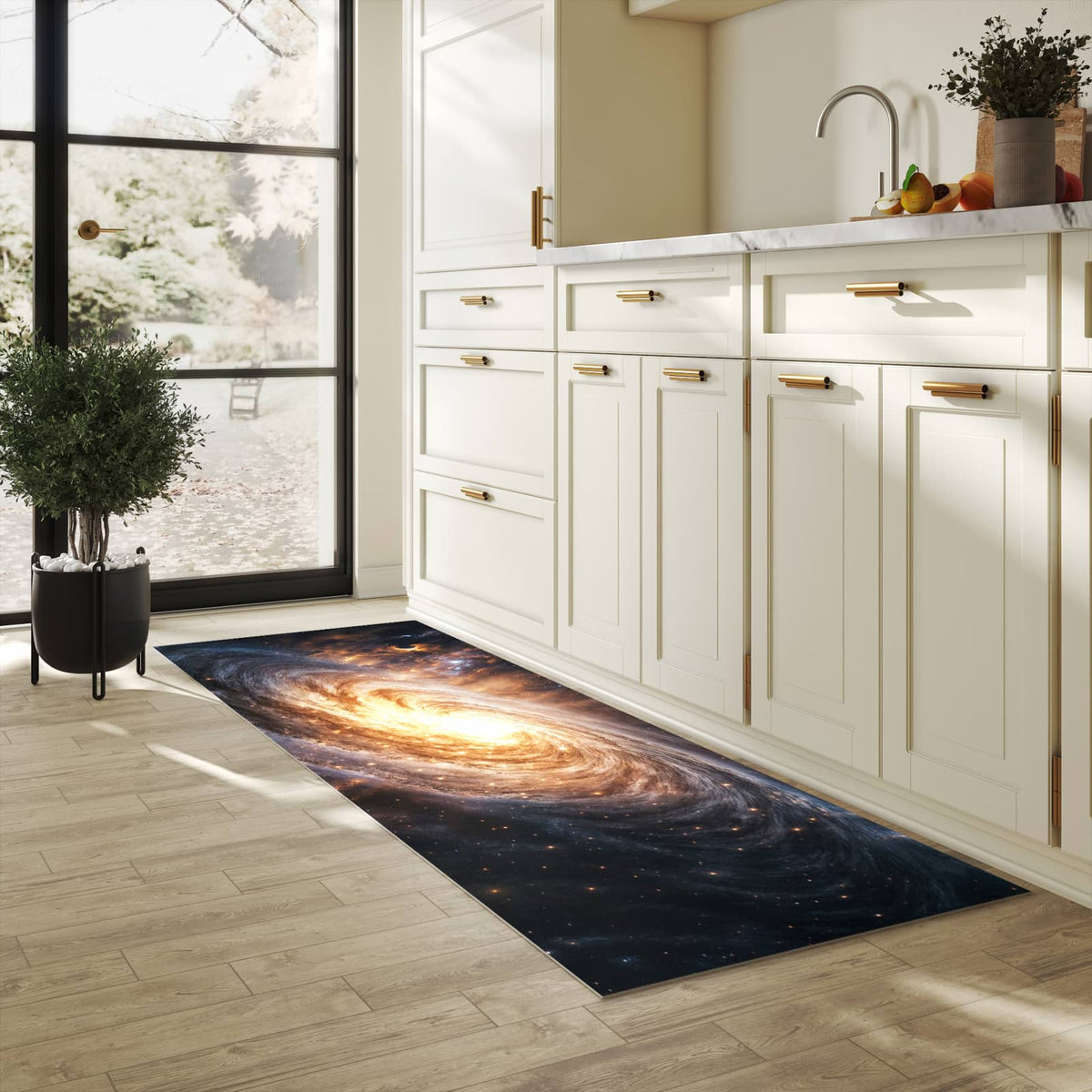 Farbbeständiger Küchenteppich mit Motiv Galaxie Nachthimmel in heller Küche