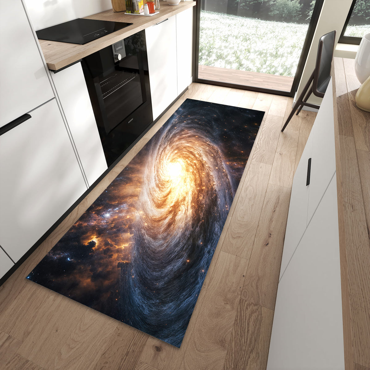 Bodenschonender rutschfester Läufer mit Motiv Galaxie Nachthimmel in moderner Küche