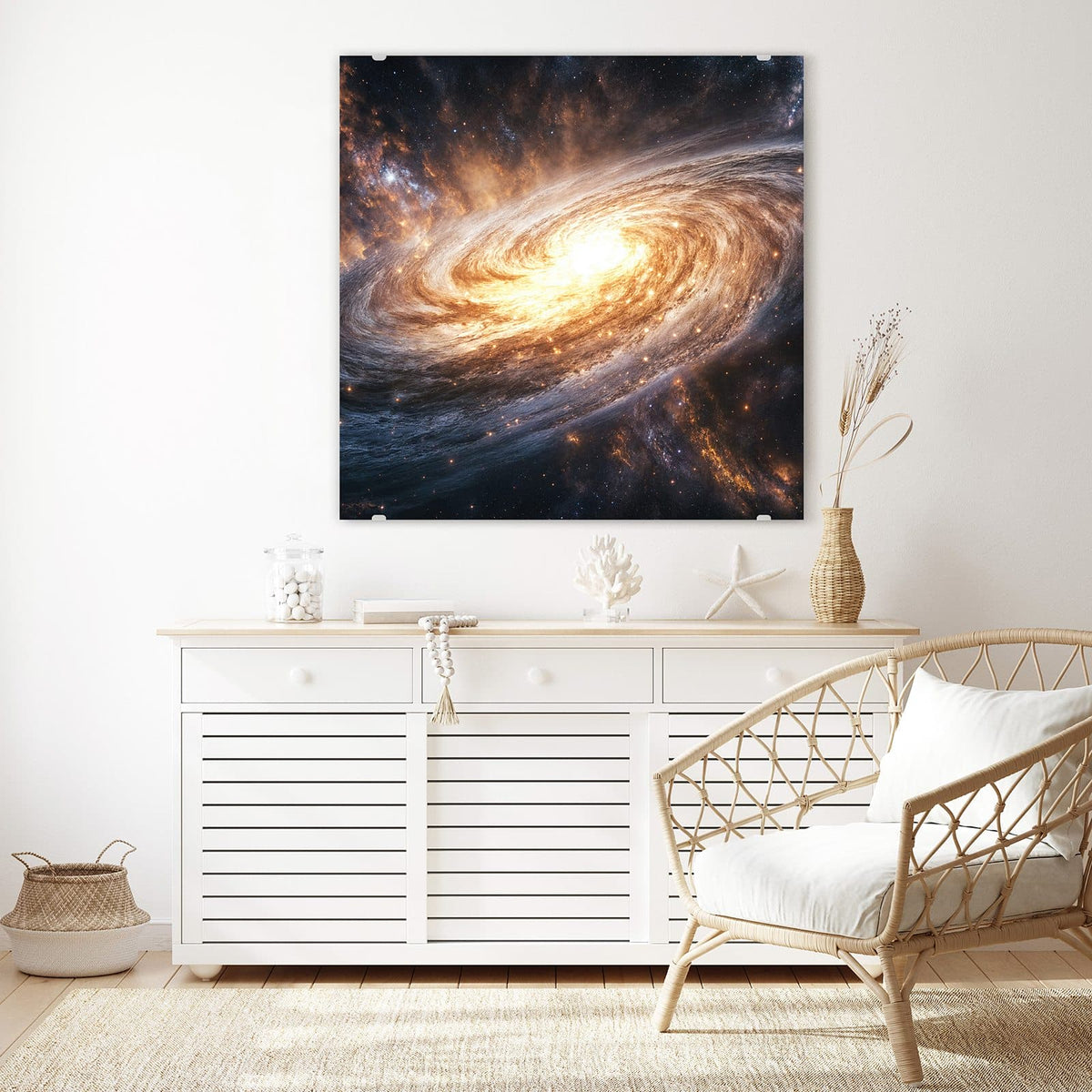 Echtglas, 4 mm – kein Acryl, keine Folie – Wandbild - Goldene Spiralgalaxie - Quadratisch