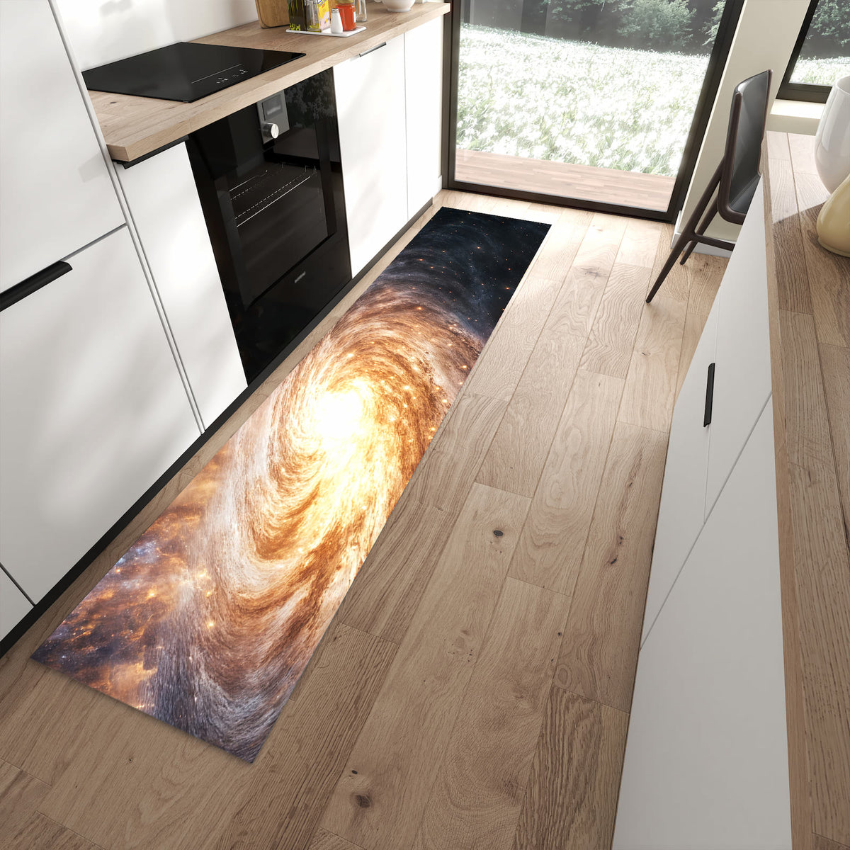 Hygienischer Küchenteppich mit Motiv Galaxie Nachthimmel in moderner Küche - waschbar