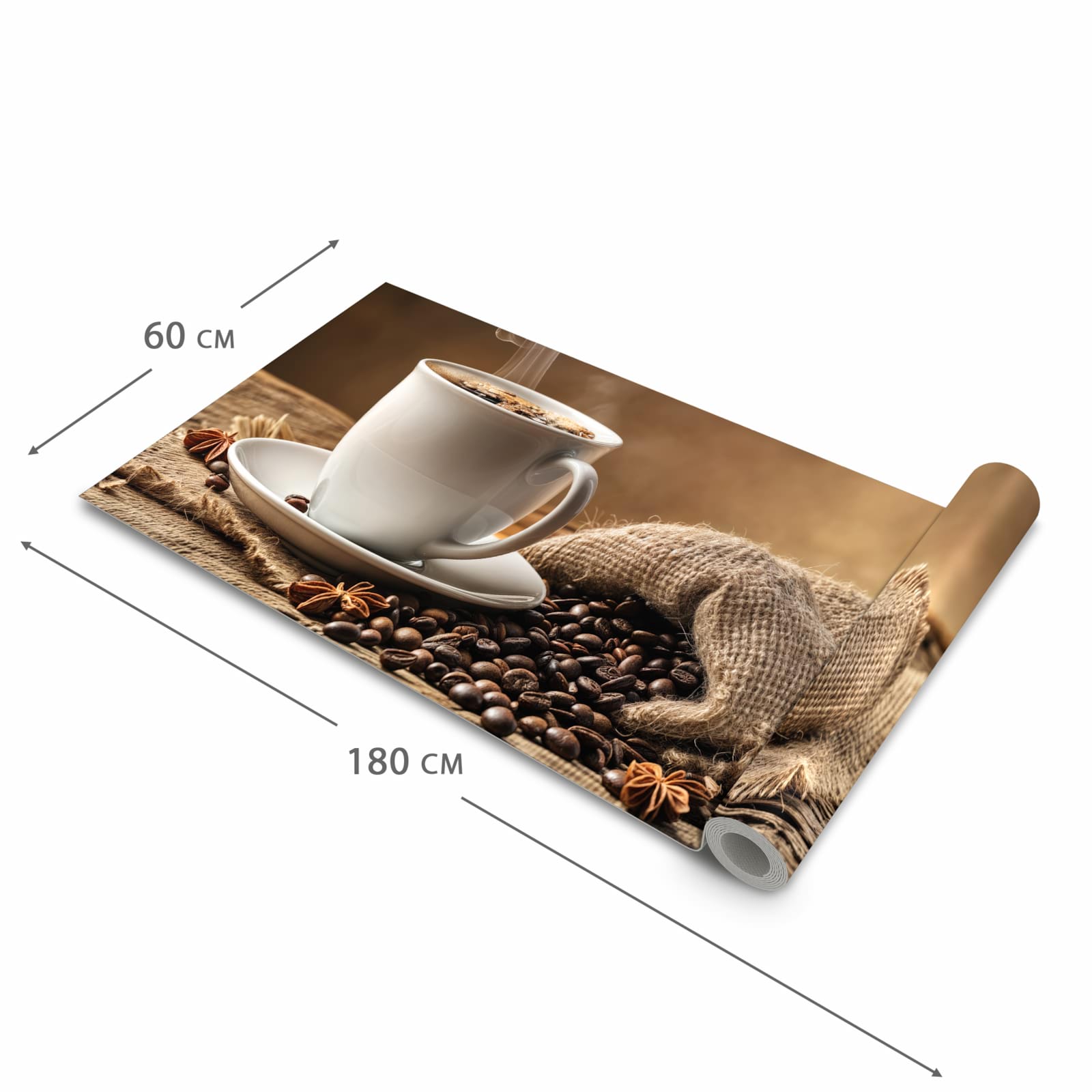 Formstabiler großer Küchenteppich mit Motiv Sanfte Kaffeegenuss in der Größe 80x300 cm