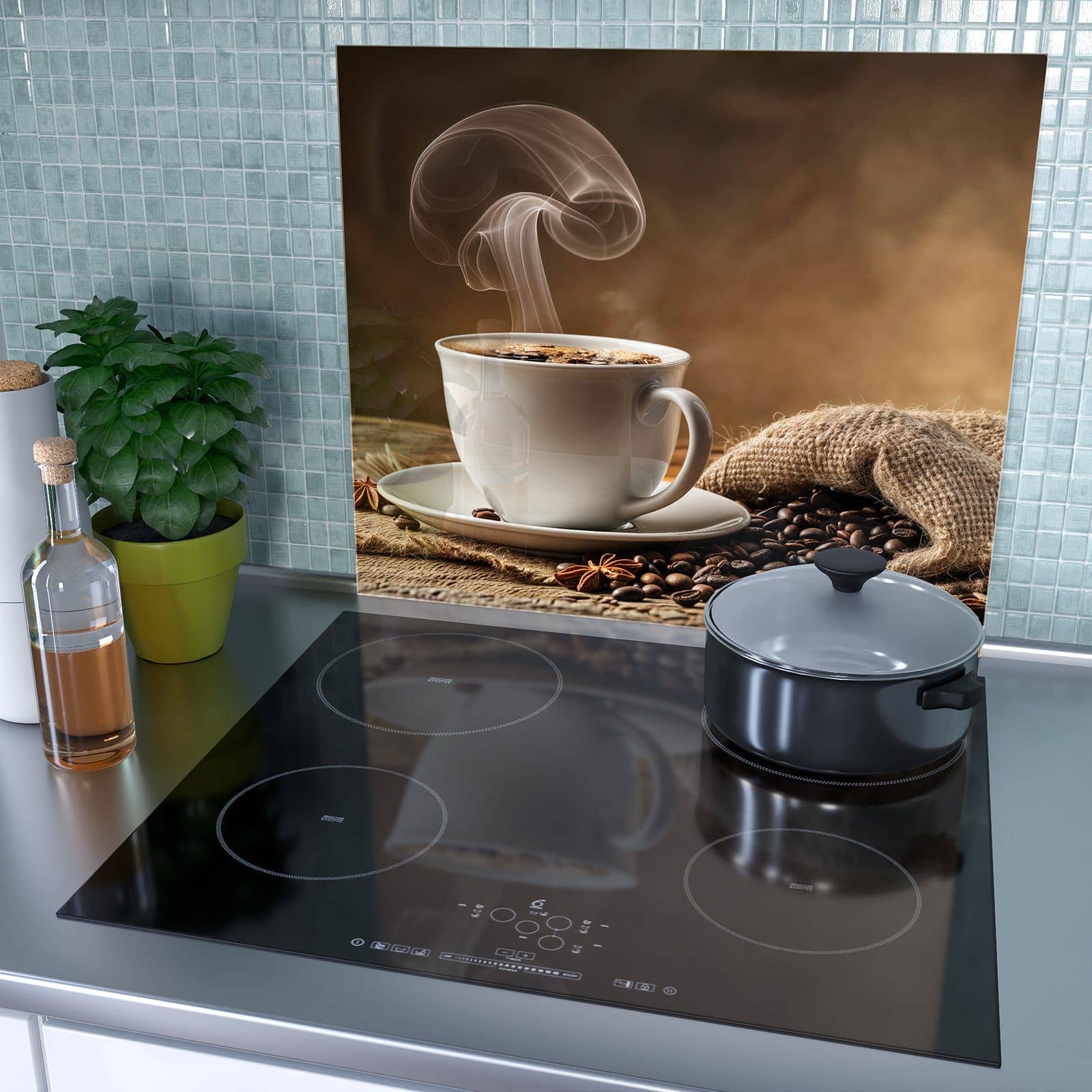 1-teilige Glasabdeckplatte für Ceranfeld mit Sanfte Kaffeegenuss-Motiv als Spritzschutz hinter dem Kochfeld