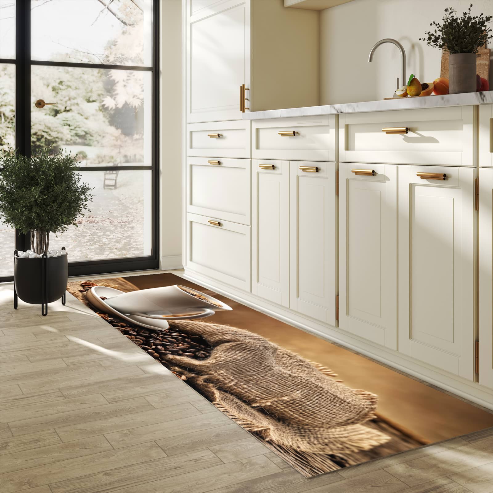 Pflegeleichter Läufer mit Motiv Sanfte Kaffeegenuss in heller Küche für einfache Reinigung