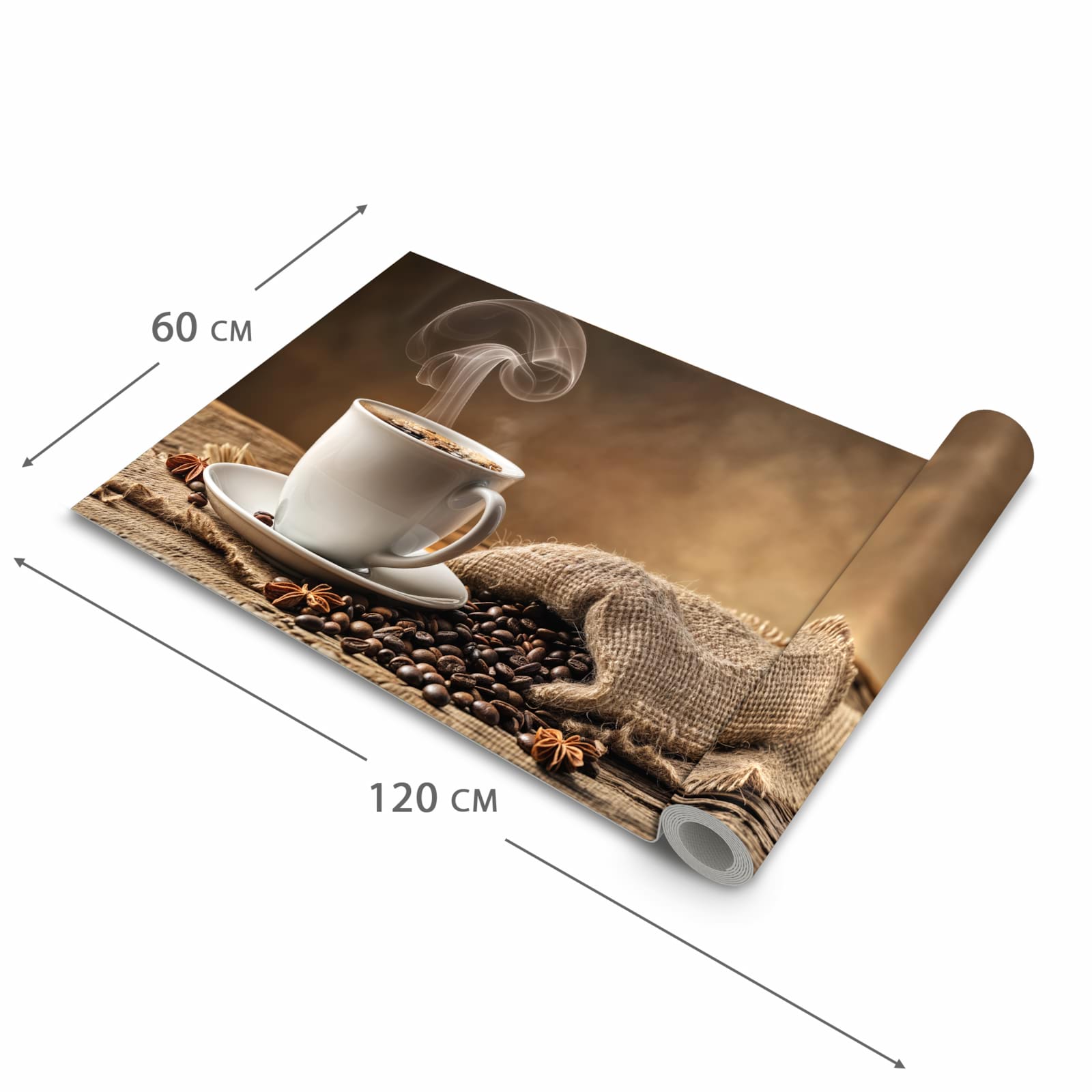 Bodenschonender waschbarer Küchenteppich mit Motiv Sanfte Kaffeegenuss in der Grösse 80x300 cm