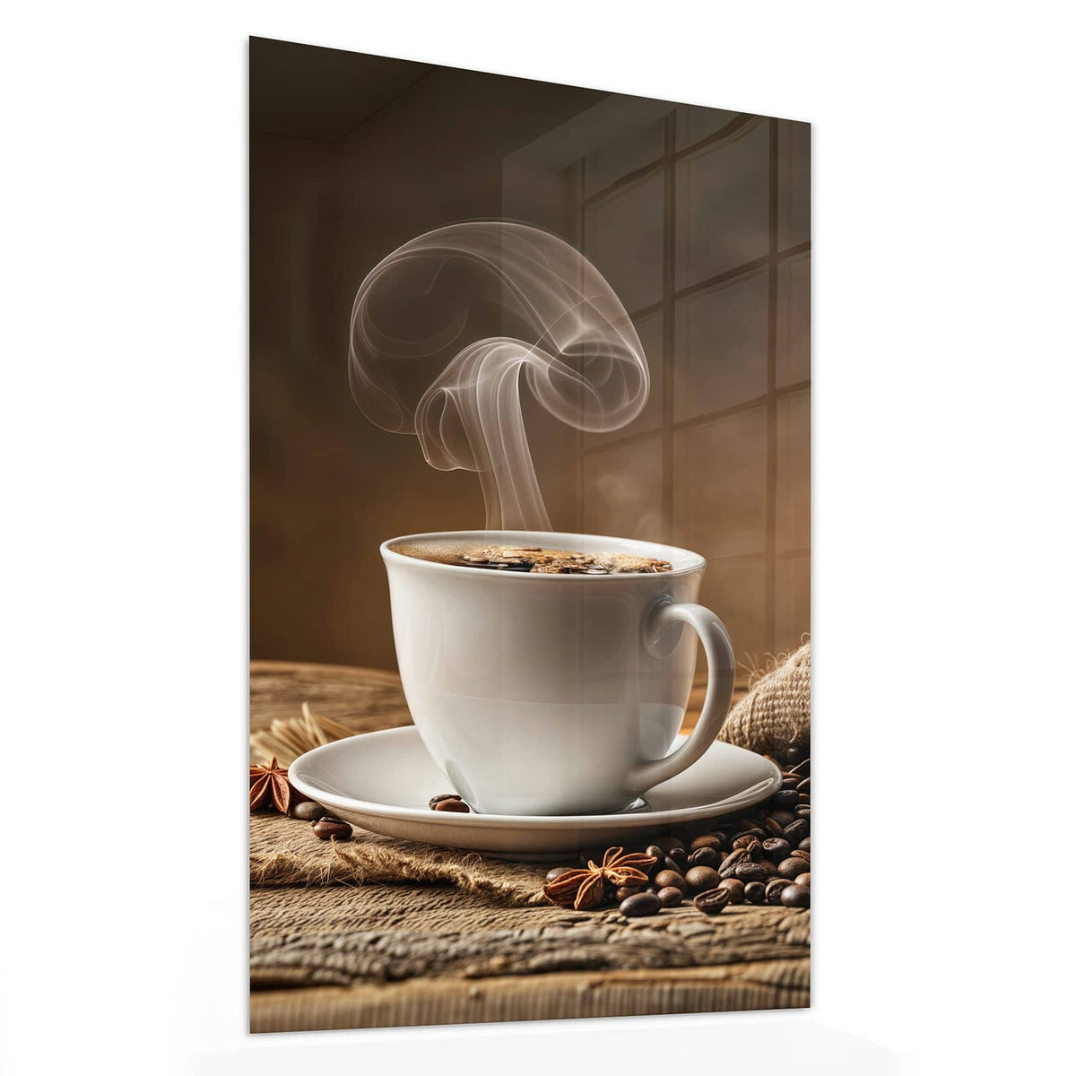 Glasbild Dampfende Kaffeetasse von der Seite, 4 mm Echtglas