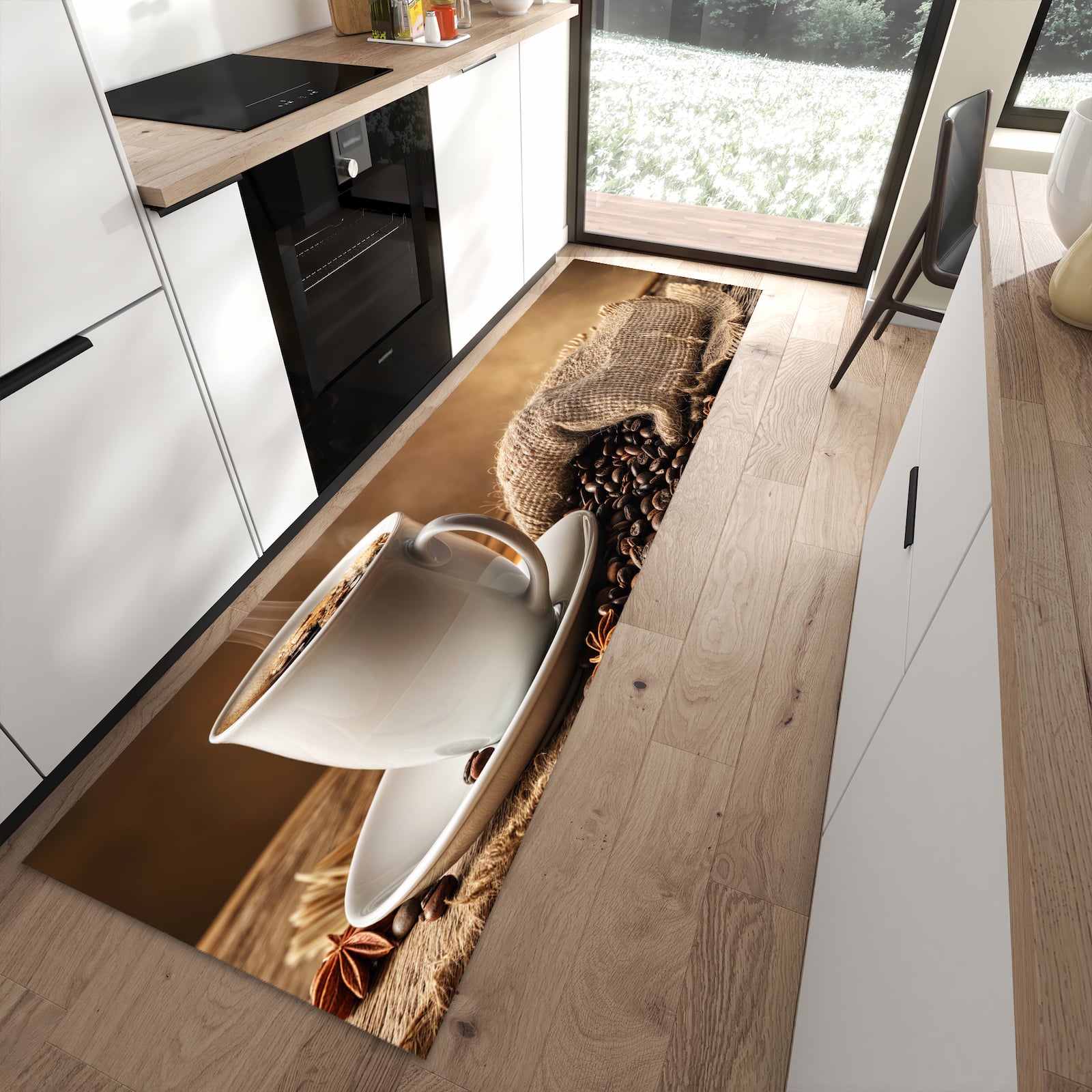 Geruchsneutraler Küchenteppich mit Motiv Sanfte Kaffeegenuss in moderner Küche