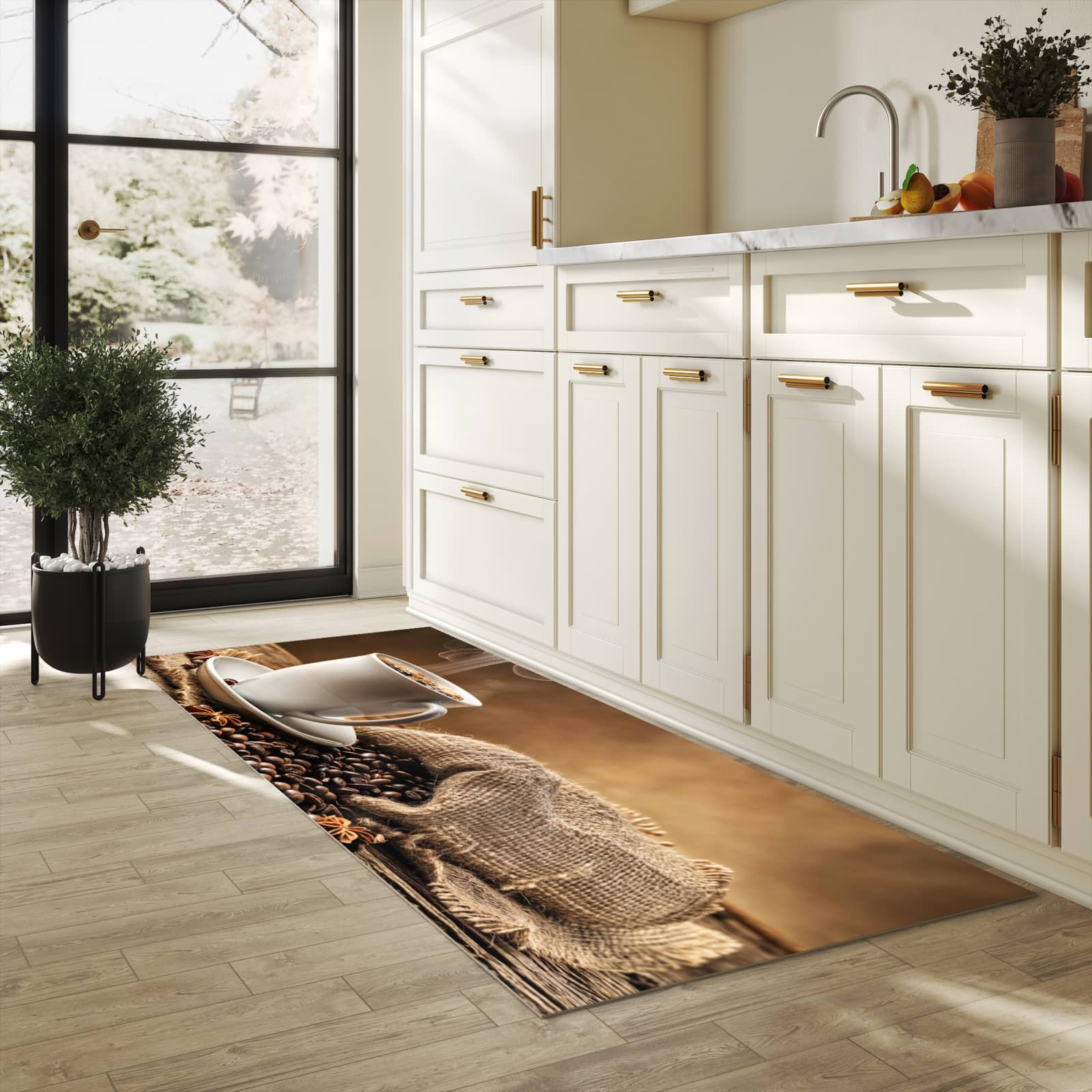 Hygienischer rutschfester Küchenteppich mit Motiv Sanfte Kaffeegenuss in heller Küche