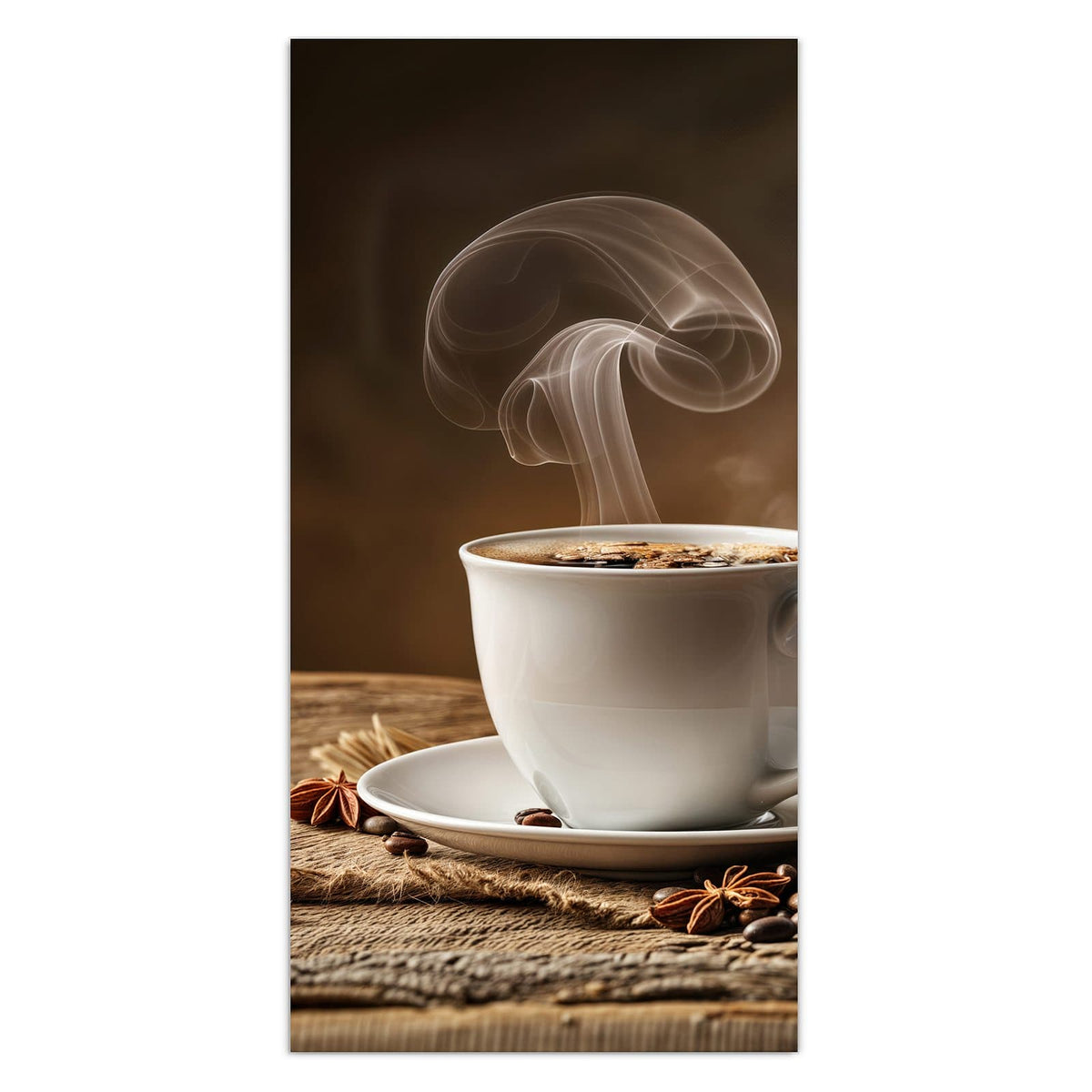 Weiße Tasse mit auffällig geformter Dampfsäule, daneben Jutesack mit Bohnen und Sternanis auf Holz