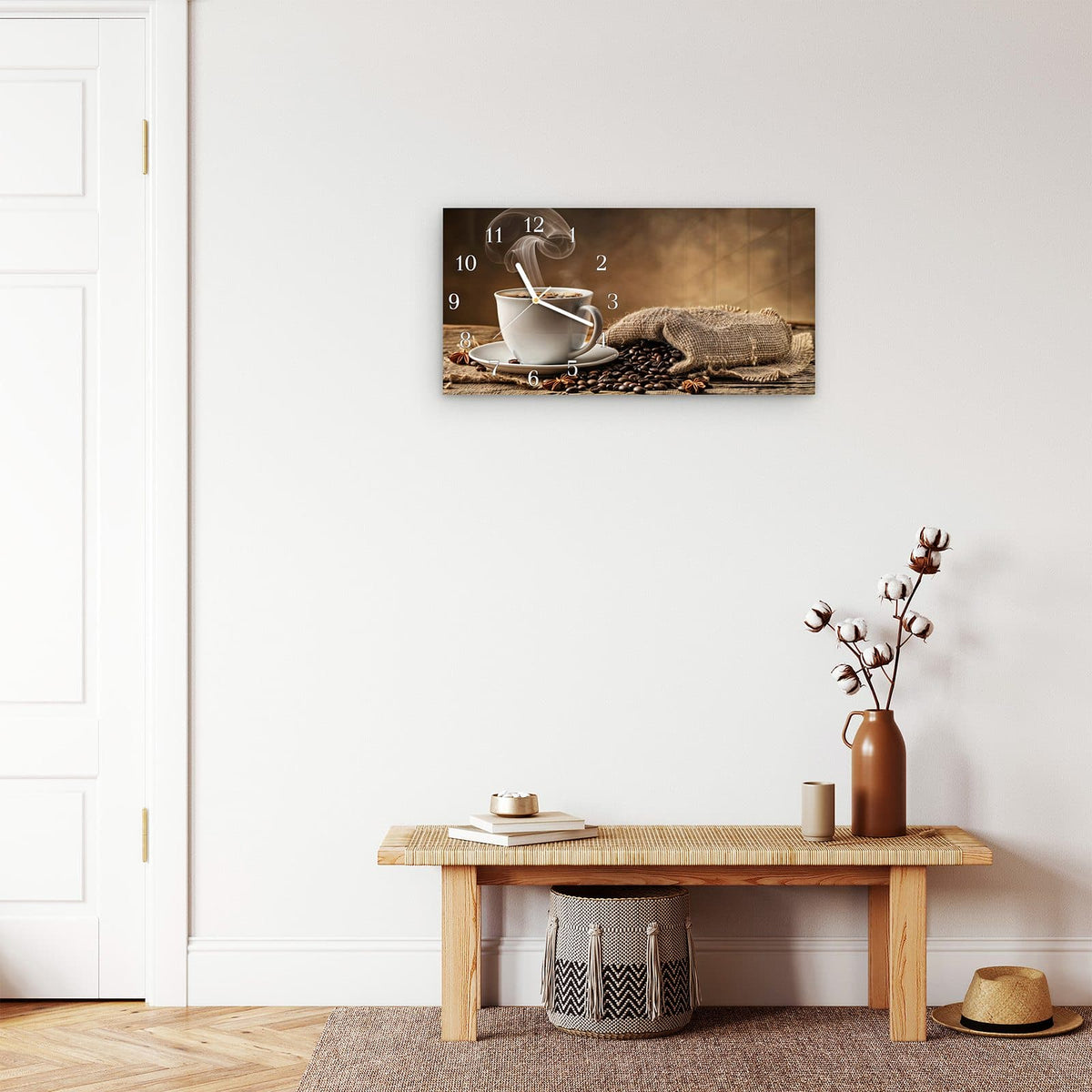 Moderne Wanduhr aus Glas mit Farbtiefe – Wanduhr Sanfte Kaffeegenuss aus Glas – Querformat 60 × 30 cm