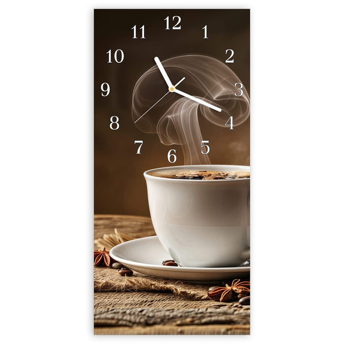 Wanduhr Sanfte Kaffeegenuss aus Glas – Hochformat 30 × 60 cm mit Ziffernblatt Klassisch