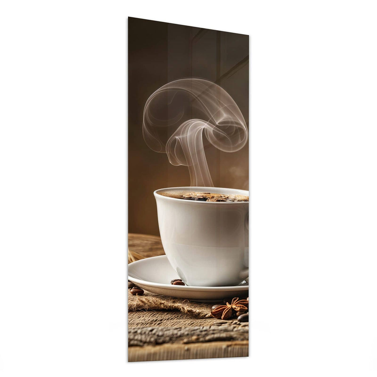 Glasbild Dampfende Kaffeetasse von der Seite, 4 mm Echtglas