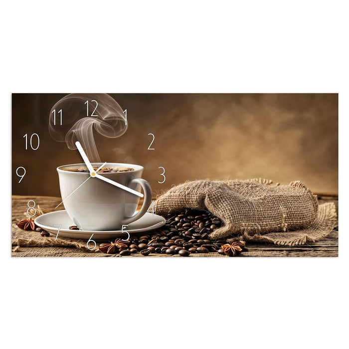 Wanduhr Sanfte Kaffeegenuss aus Glas – Querformat 60 × 30 cm mit Ziffernblatt Elegant
