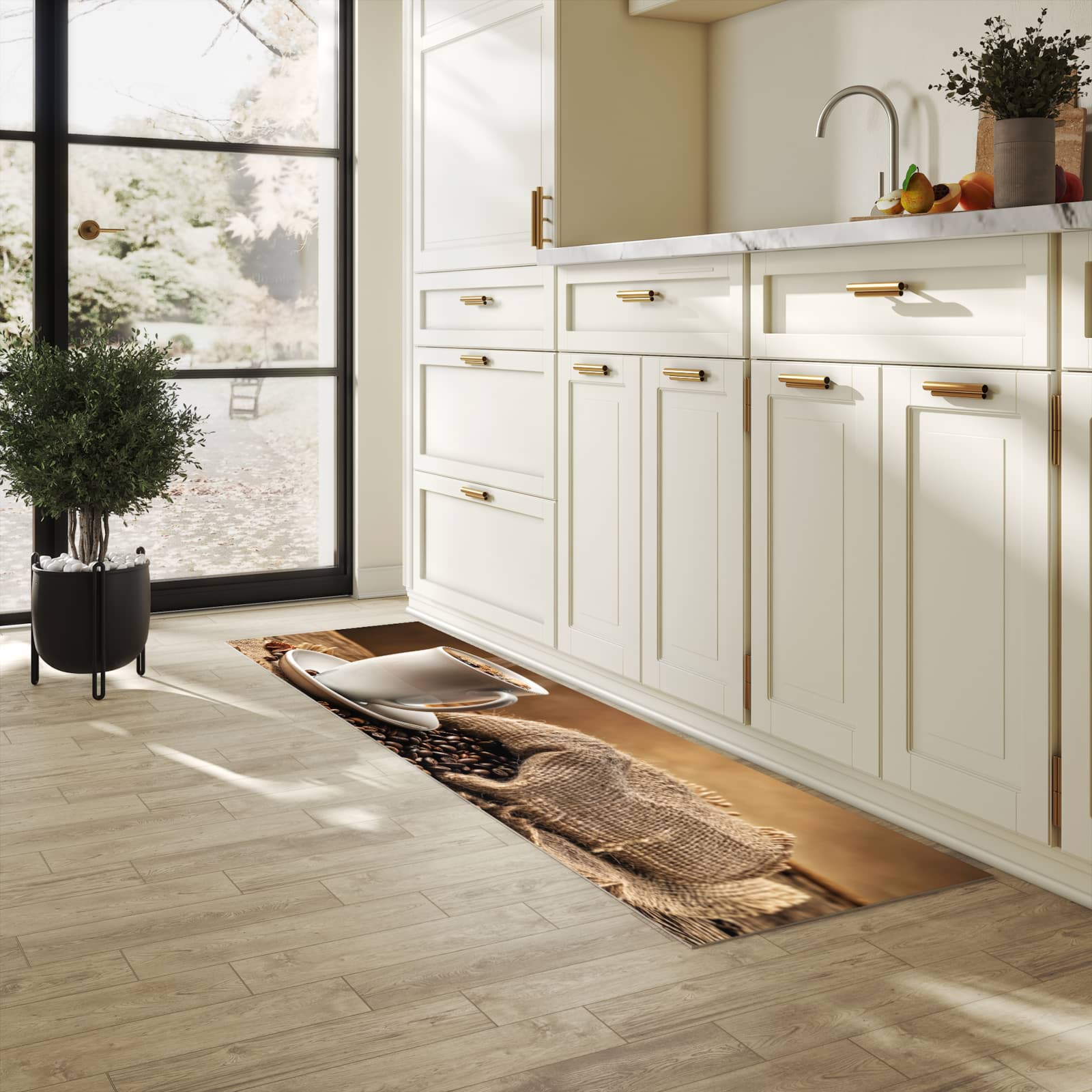 Schmutzabweisender Küchenläufer mit Motiv Sanfte Kaffeegenuss in heller Küche