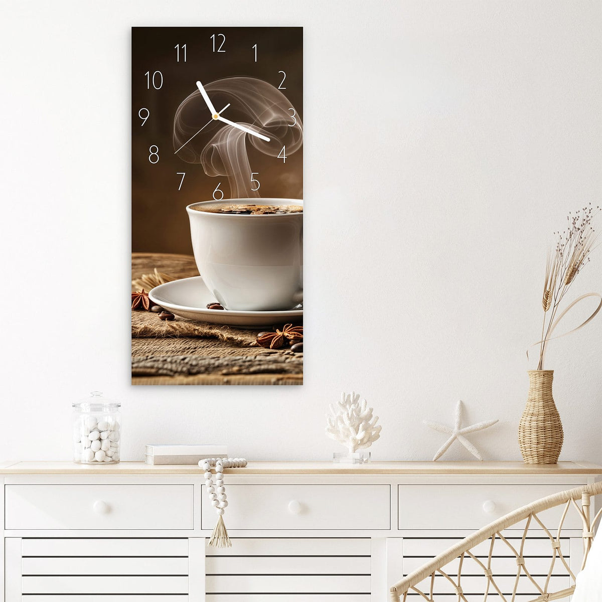 Wanduhr Sanfte Kaffeegenuss aus Glas – Kaffeetasse mit Jutesack und Bohnen