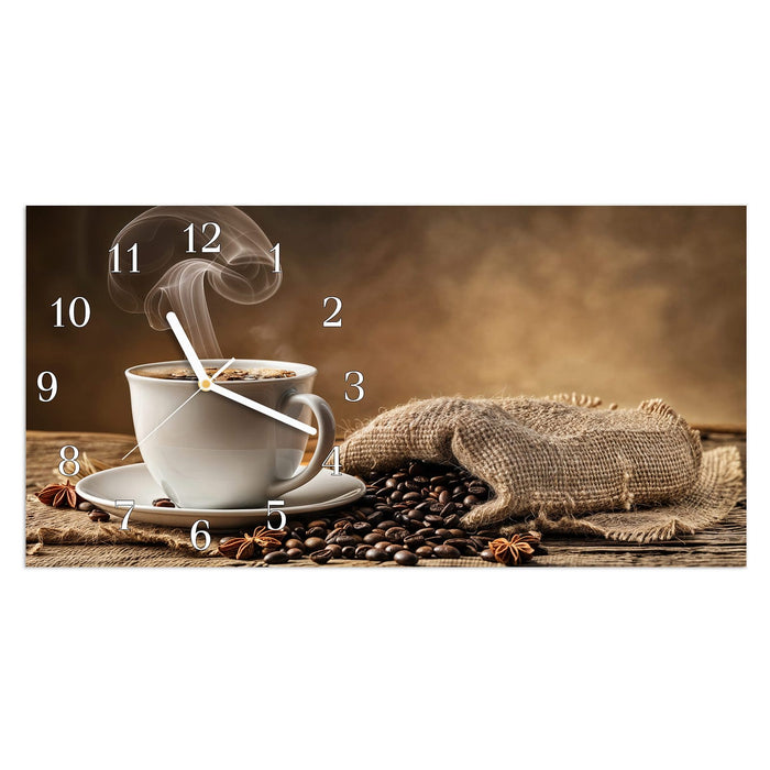 Wanduhr Sanfte Kaffeegenuss aus Glas – Querformat 60 × 30 cm mit Ziffernblatt Klassisch