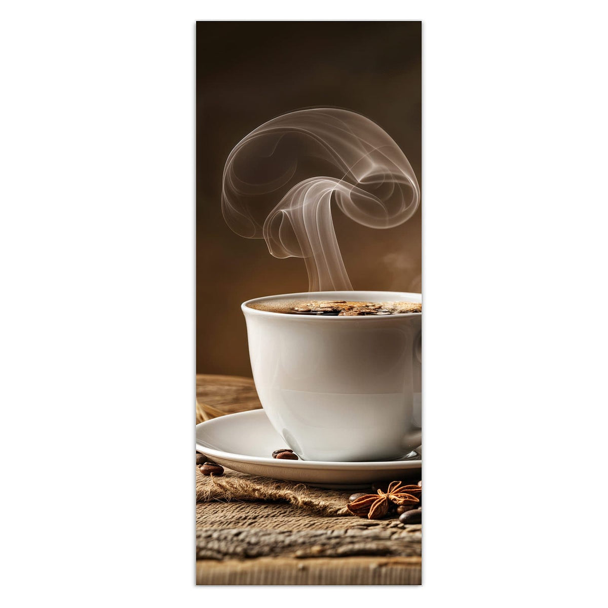 Weiße Tasse mit auffällig geformter Dampfsäule, daneben Jutesack mit Bohnen und Sternanis auf Holz