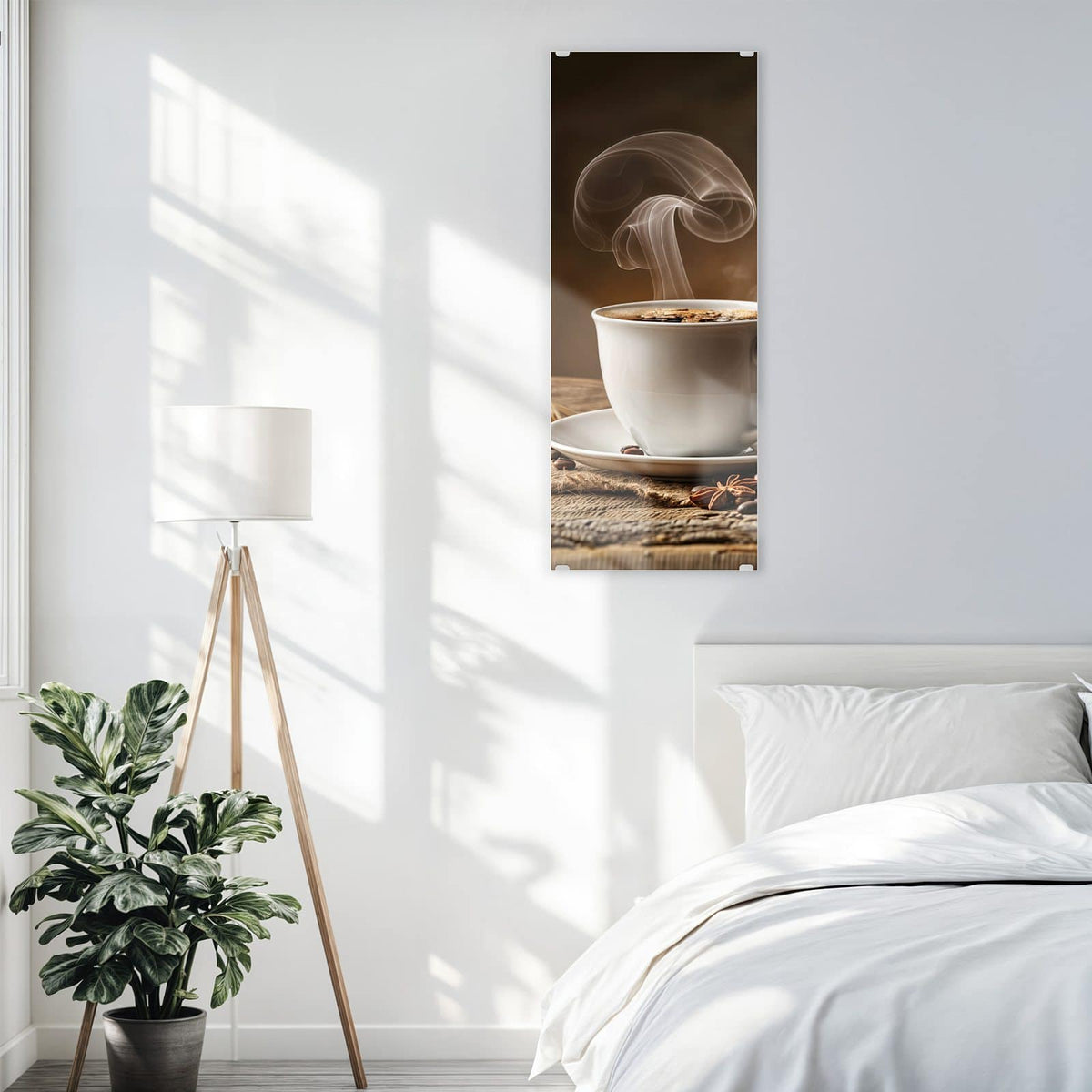 Glasbild Dampfende Kaffeetasse an der Wand – Weiße Tasse mit auffällig geformter Dampfsäule, daneben Jutesack mit Bohnen und Sternanis auf Holz