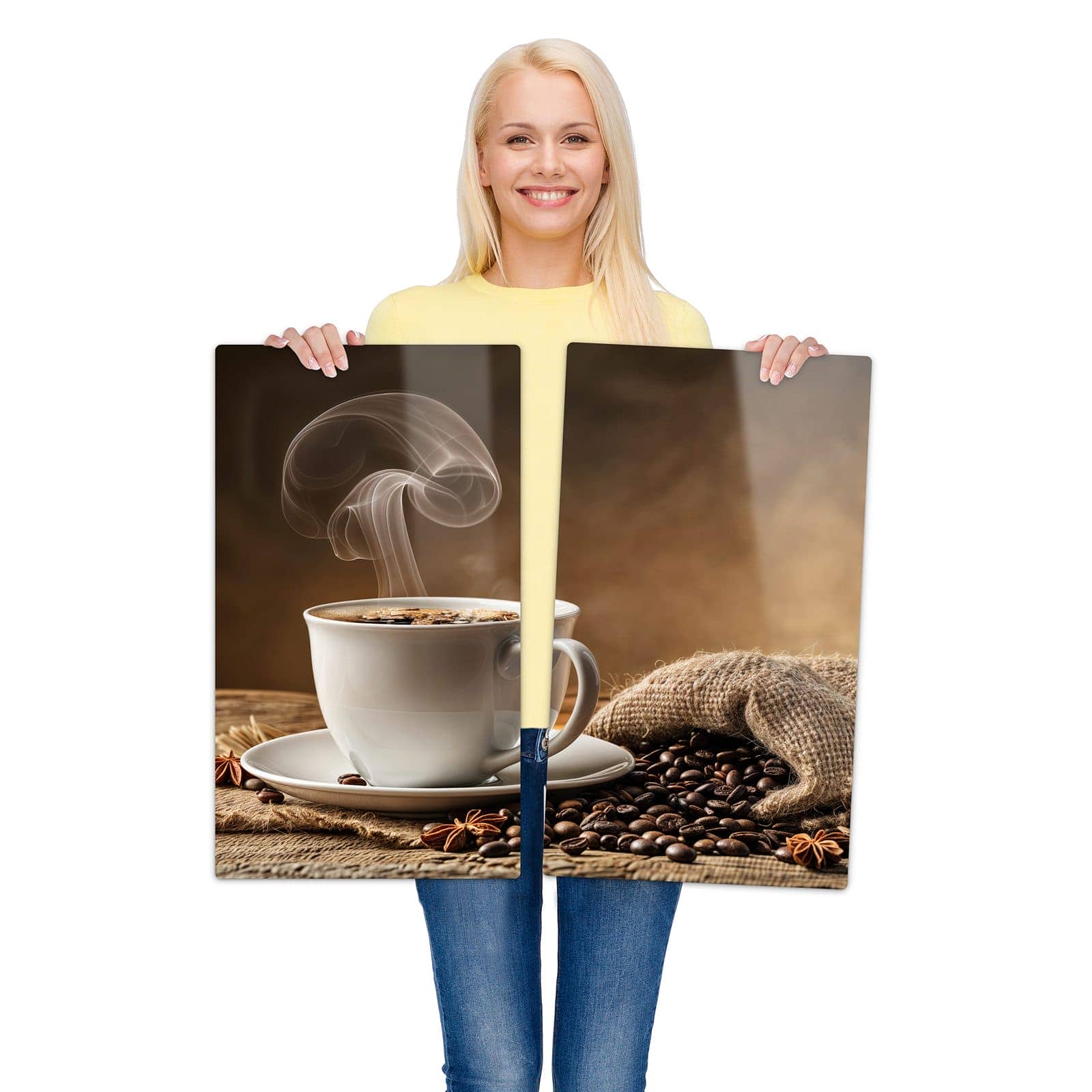 2-teilige Herdabdeckplatte mit Sanfte Kaffeegenuss-Motiv wird zur Größendarstellung gehalten