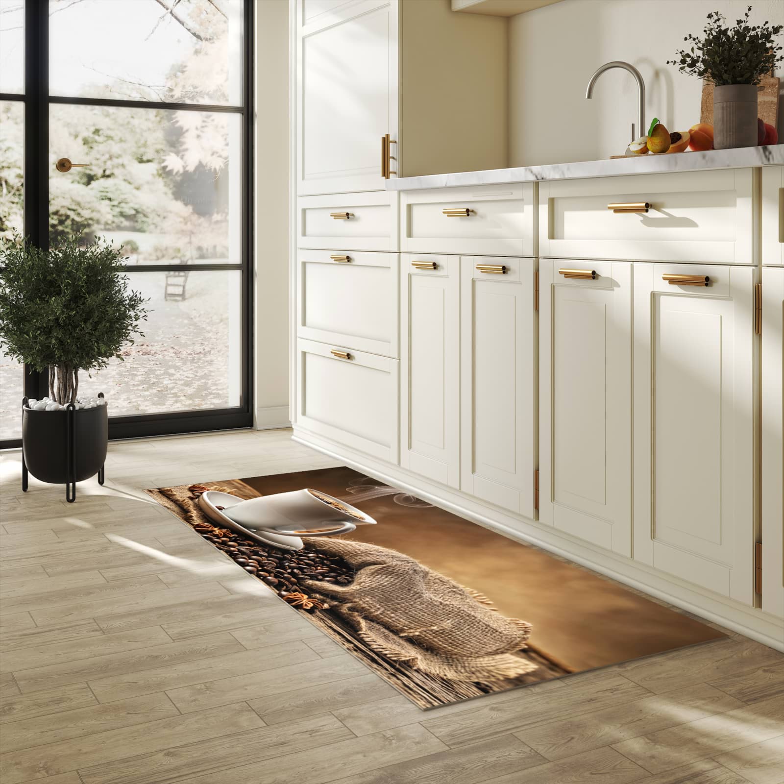 Pflegeleichter waschbarer Küchenläufer mit Motiv Sanfte Kaffeegenuss in heller Küche