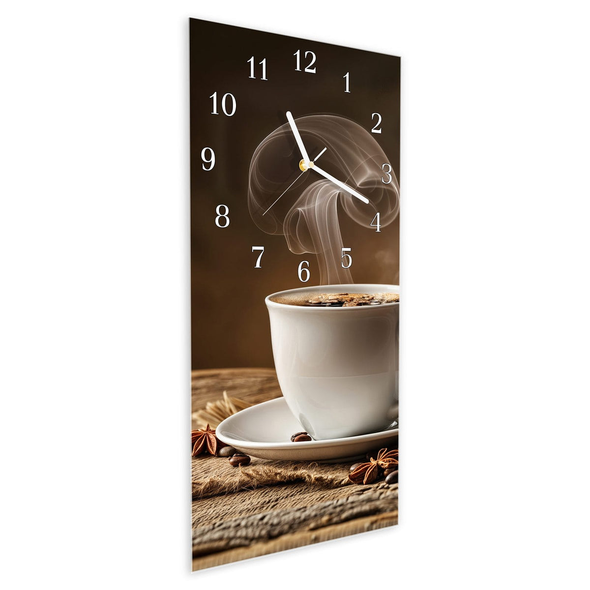 Vormontiert – mit Schwebeeffekt – Wanduhr Sanfte Kaffeegenuss aus Glas – Hochformat 30 × 60 cm