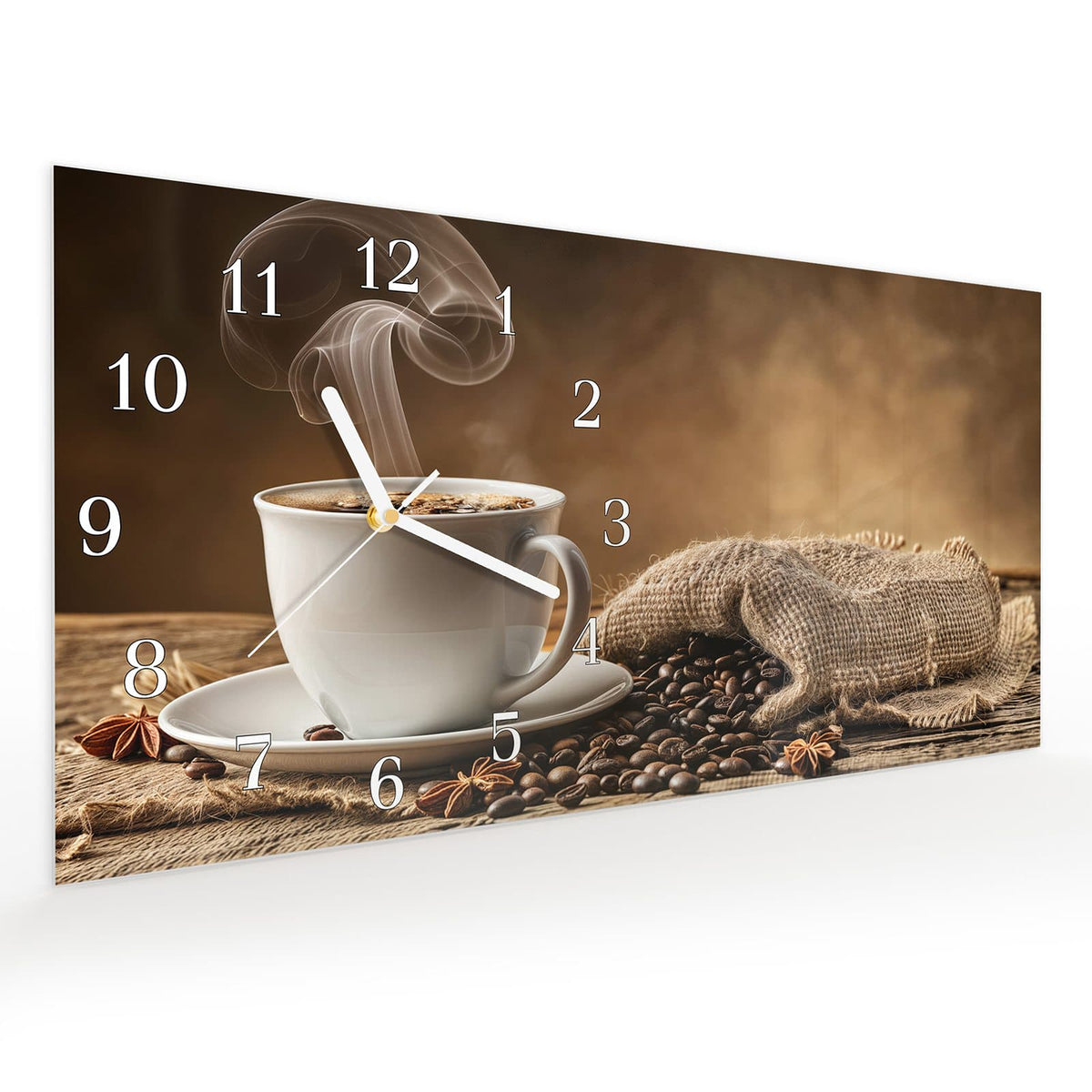 Vormontiert – mit Schwebeeffekt – Wanduhr Sanfte Kaffeegenuss aus Glas – Querformat 60 × 30 cm
