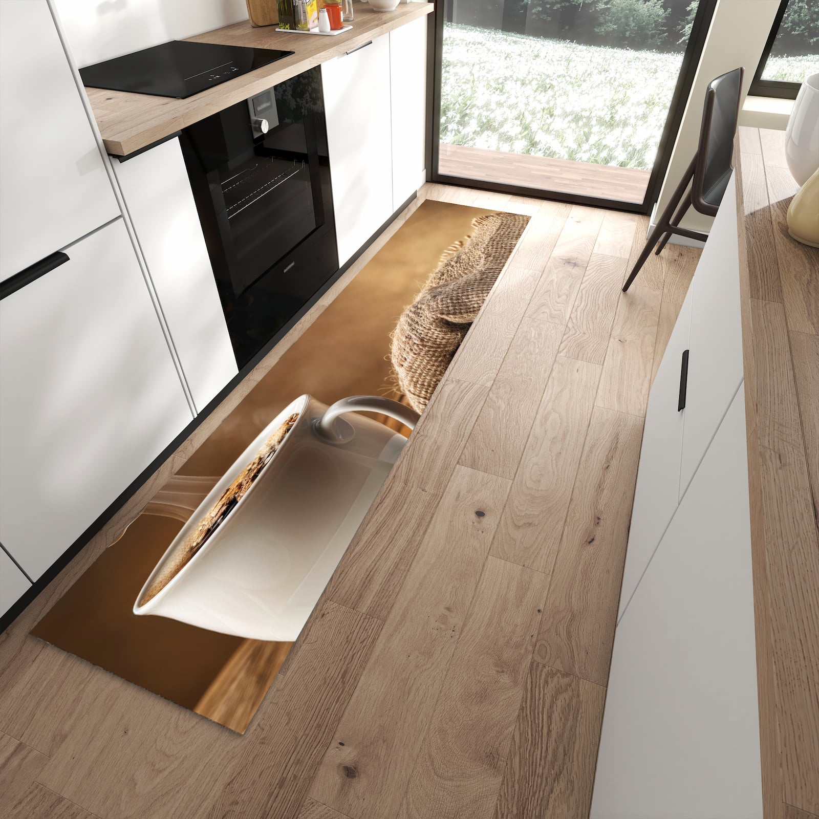 UV-beständiger Küchenteppich mit Motiv Sanfte Kaffeegenuss in moderner Küche