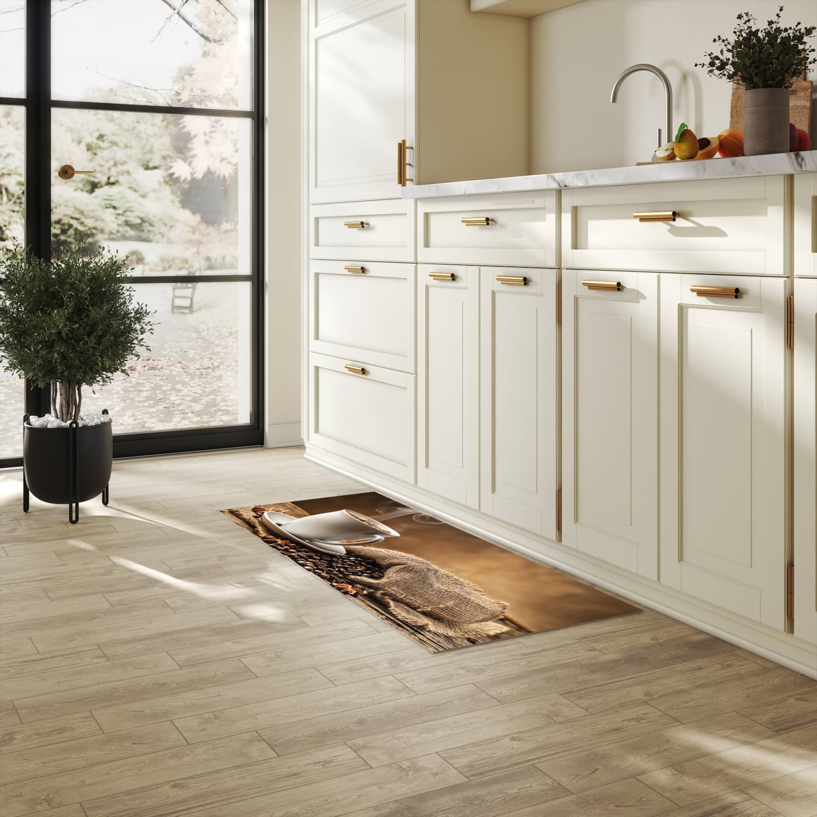 Wasserabweisender Küchenvorleger mit Motiv Sanfte Kaffeegenuss in heller Küche