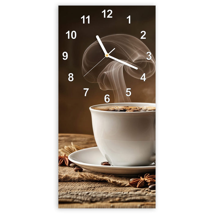 Wanduhr Sanfte Kaffeegenuss aus Glas – Hochformat 30 × 60 cm mit Ziffernblatt Modern