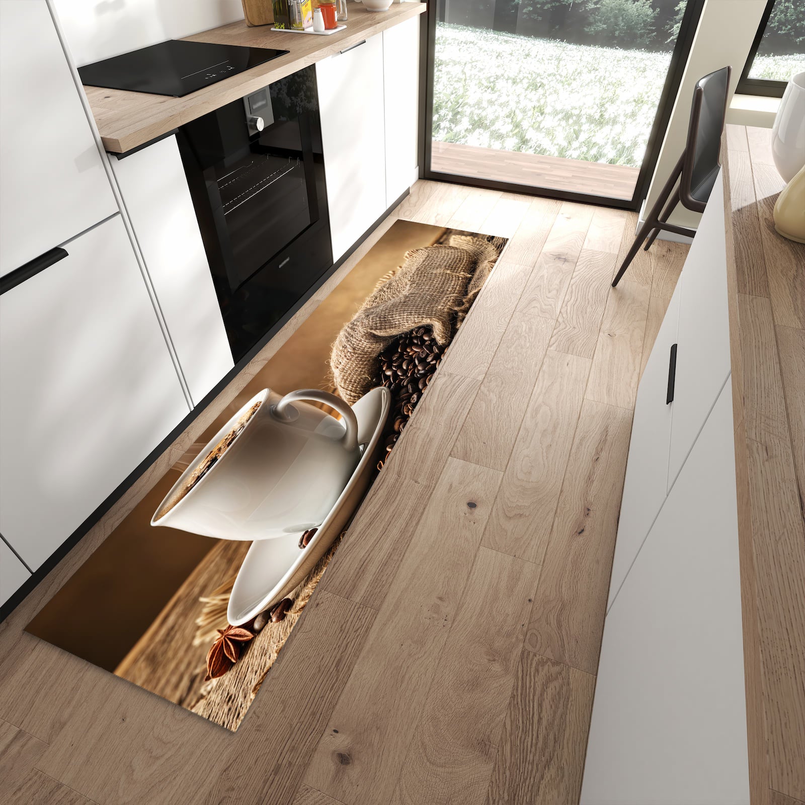 Abriebfester Küchenteppich mit Motiv Sanfte Kaffeegenuss in moderner Küche