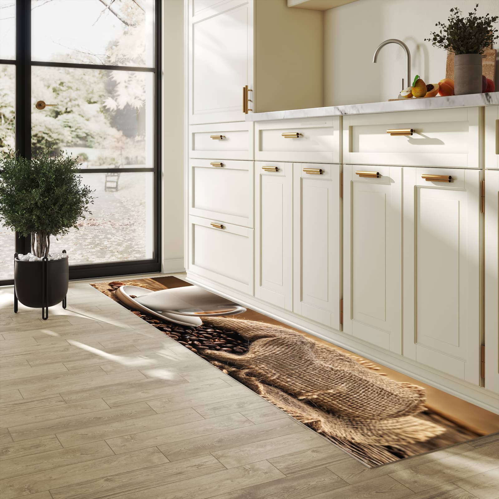 Langlebiger Teppichläufer mit Motiv Sanfte Kaffeegenuss in heller Küche