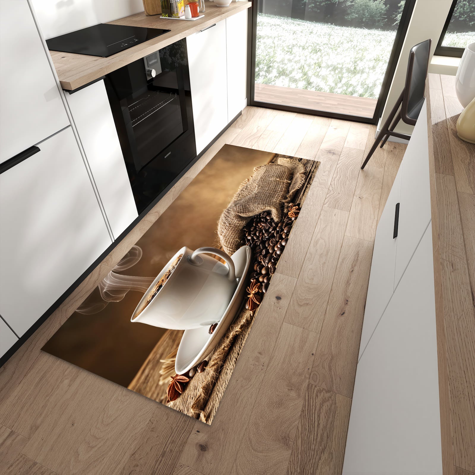 Fleckenresistenter Küchenteppich mit Motiv Sanfte Kaffeegenuss in moderner Küche
