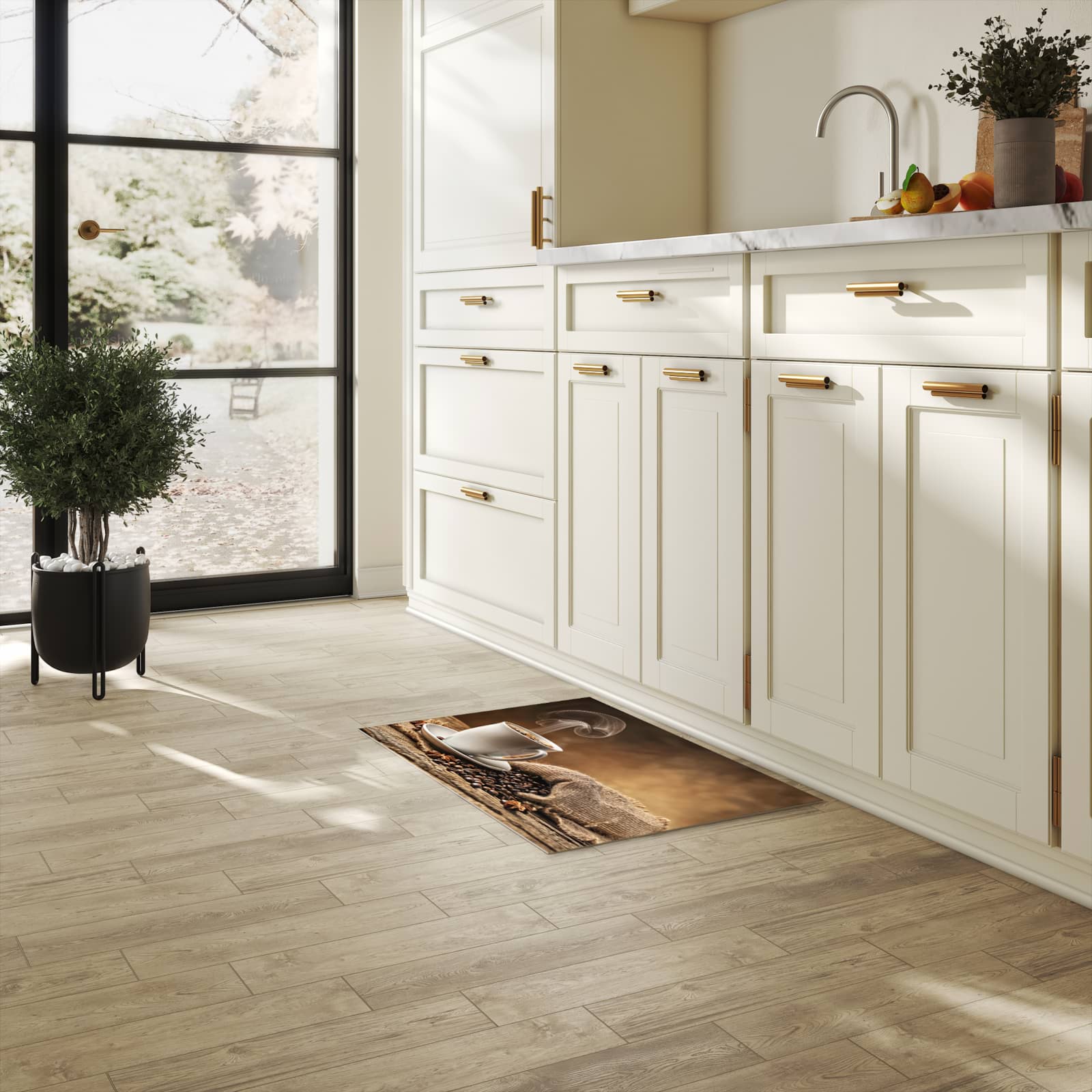 Flacher waschbarer Läufer für die Küche mit Motiv Sanfte Kaffeegenuss in heller Küche