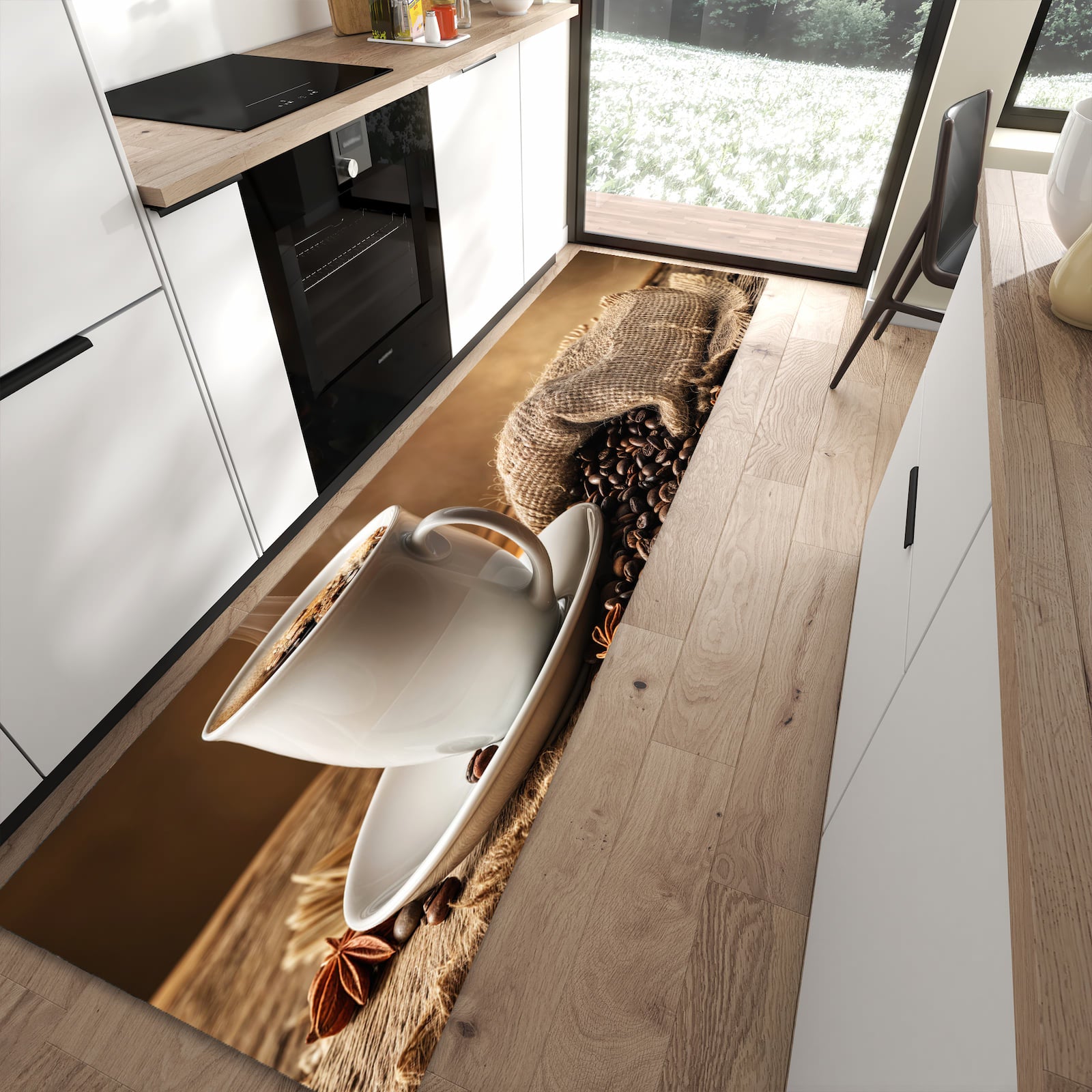 Langlebiger Küchenteppich mit Motiv Sanfte Kaffeegenuss in moderner Küche