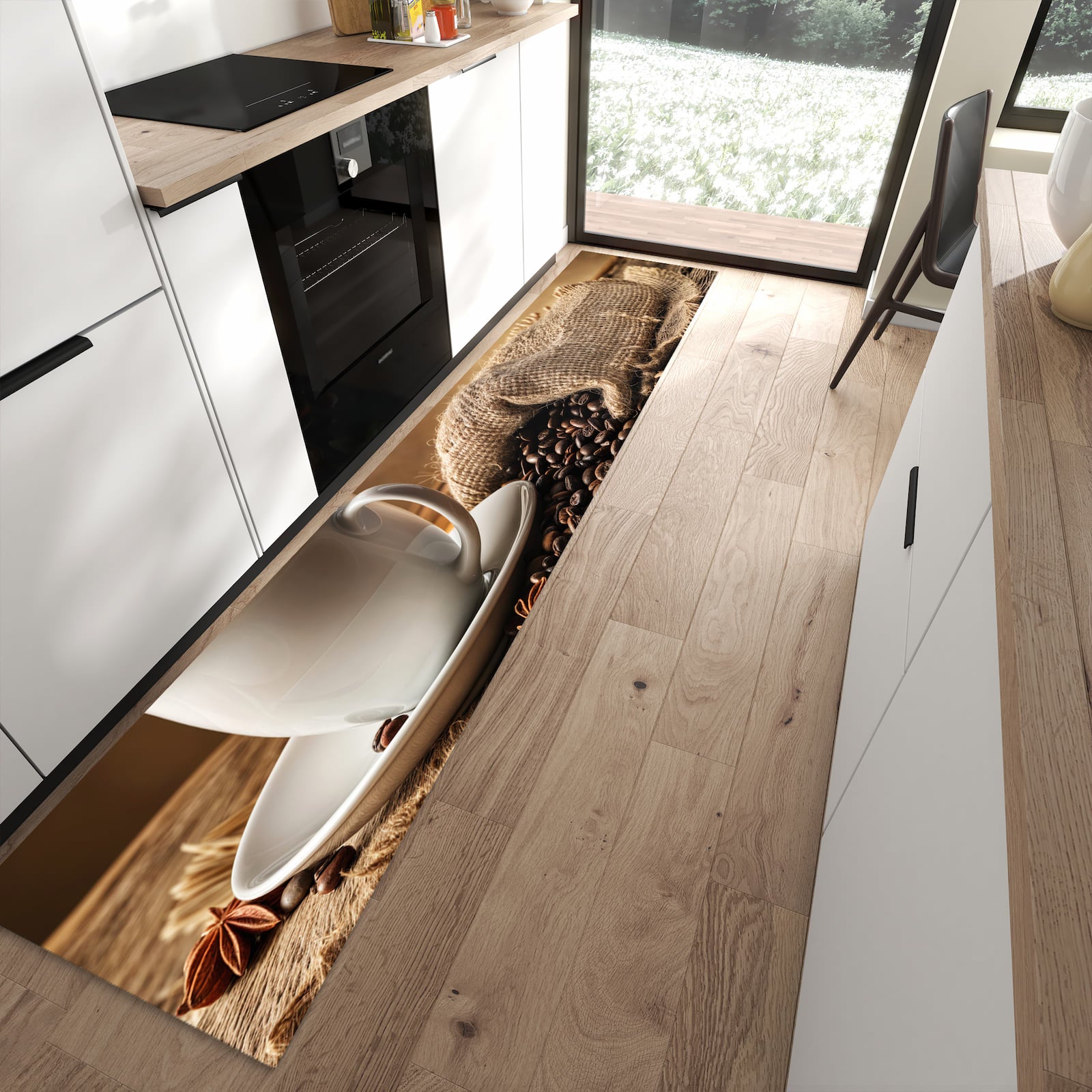 Komfortabler Küchenteppich mit Motiv Sanfte Kaffeegenuss in moderner Küche