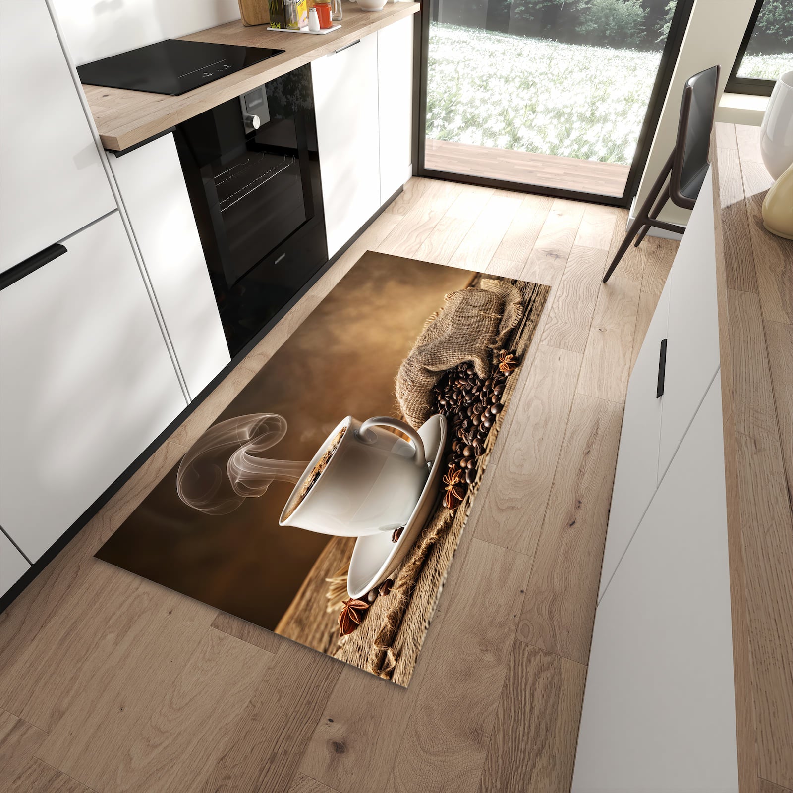 Flacher Küchenteppich mit Motiv Sanfte Kaffeegenuss in moderner Küche