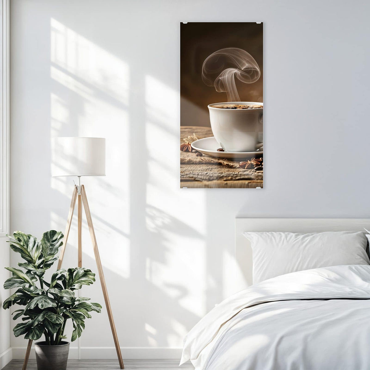Glasbild Dampfende Kaffeetasse an der Wand – Weiße Tasse mit auffällig geformter Dampfsäule, daneben Jutesack mit Bohnen und Sternanis auf Holz