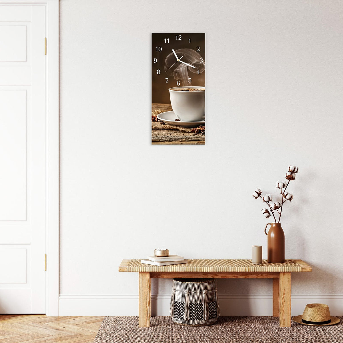 Moderne Wanduhr aus Glas mit Farbtiefe – Wanduhr Sanfte Kaffeegenuss aus Glas – Hochformat 30 × 60 cm