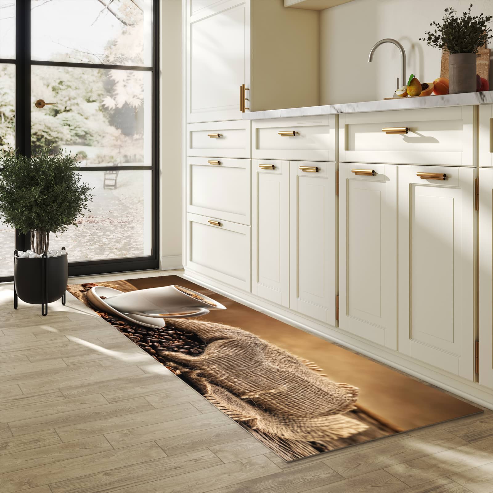 Rutschfester Läufer mit Motiv Sanfte Kaffeegenuss für Eingangsbereich in heller Küche