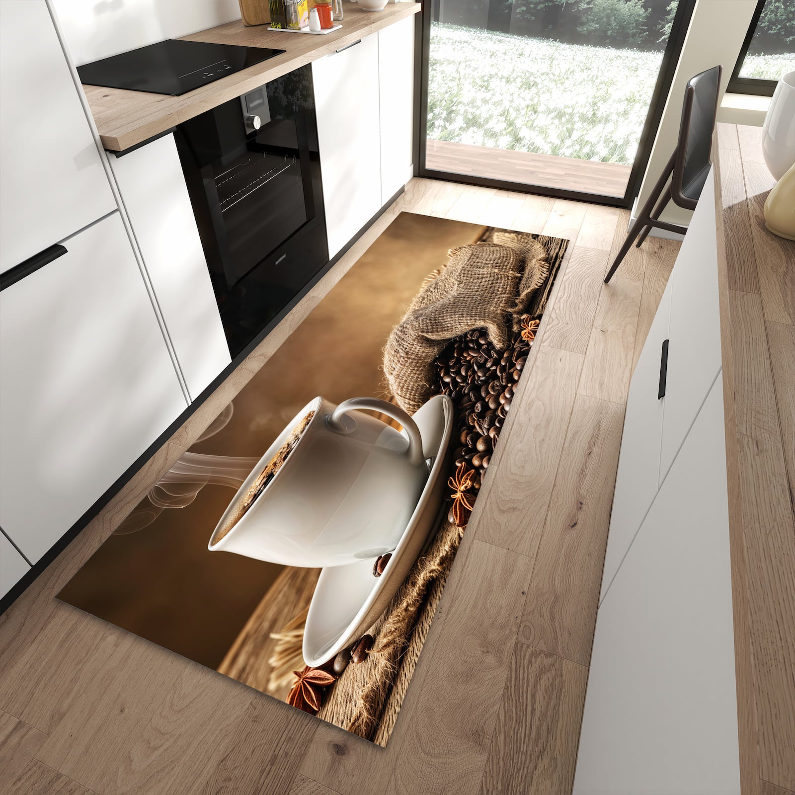 Pflegeleichter Läufer für die Küche mit Motiv Sanfte Kaffeegenuss in moderner Küche
